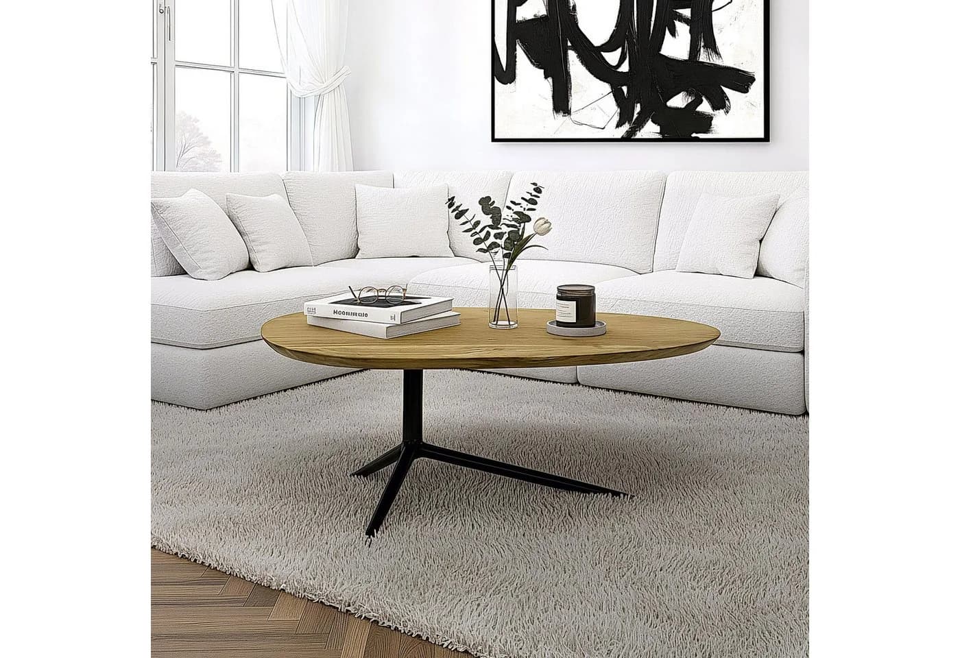 FINEBUY Couchtisch Akazie Massivholz 87x50 cm Sofatisch mit Metallgestell - Bild 2