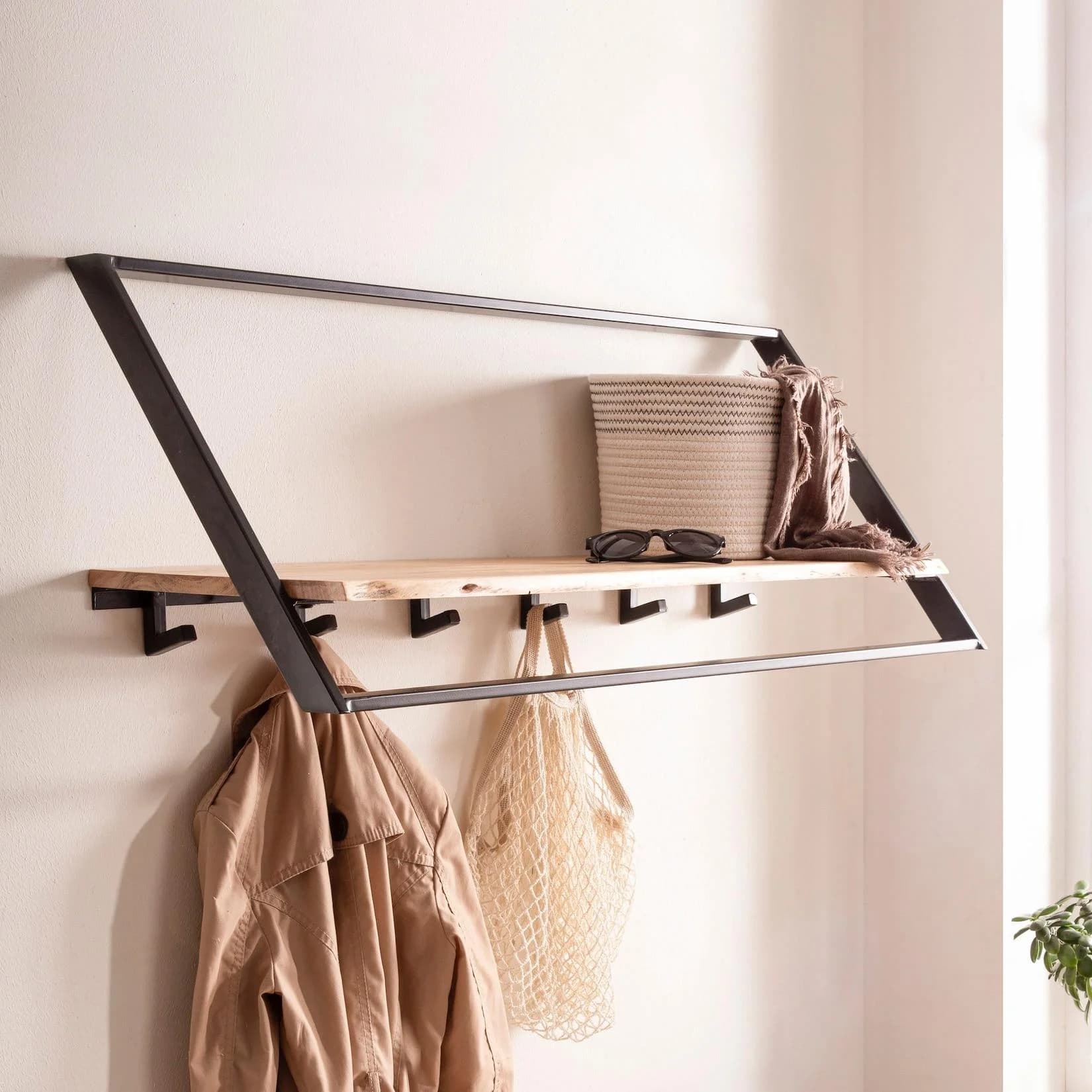 FINEBUY Wandgarderobe Akazie Massivholz 100cm Industrial Design