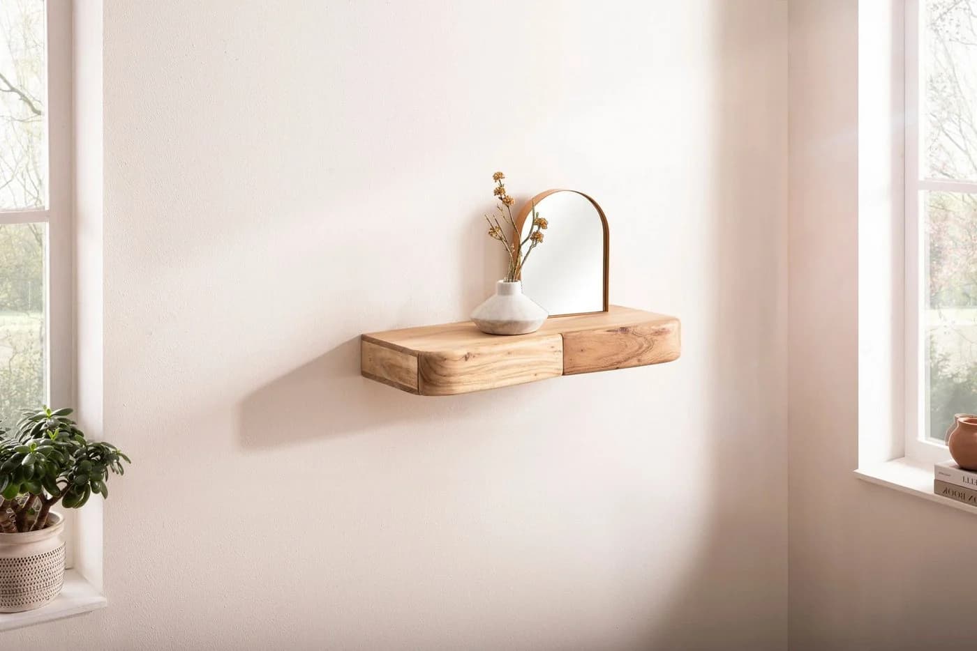 FINEBUY Wandregal FB74736 Akazie Massivholz 60cm Wandboard mit Schubladen