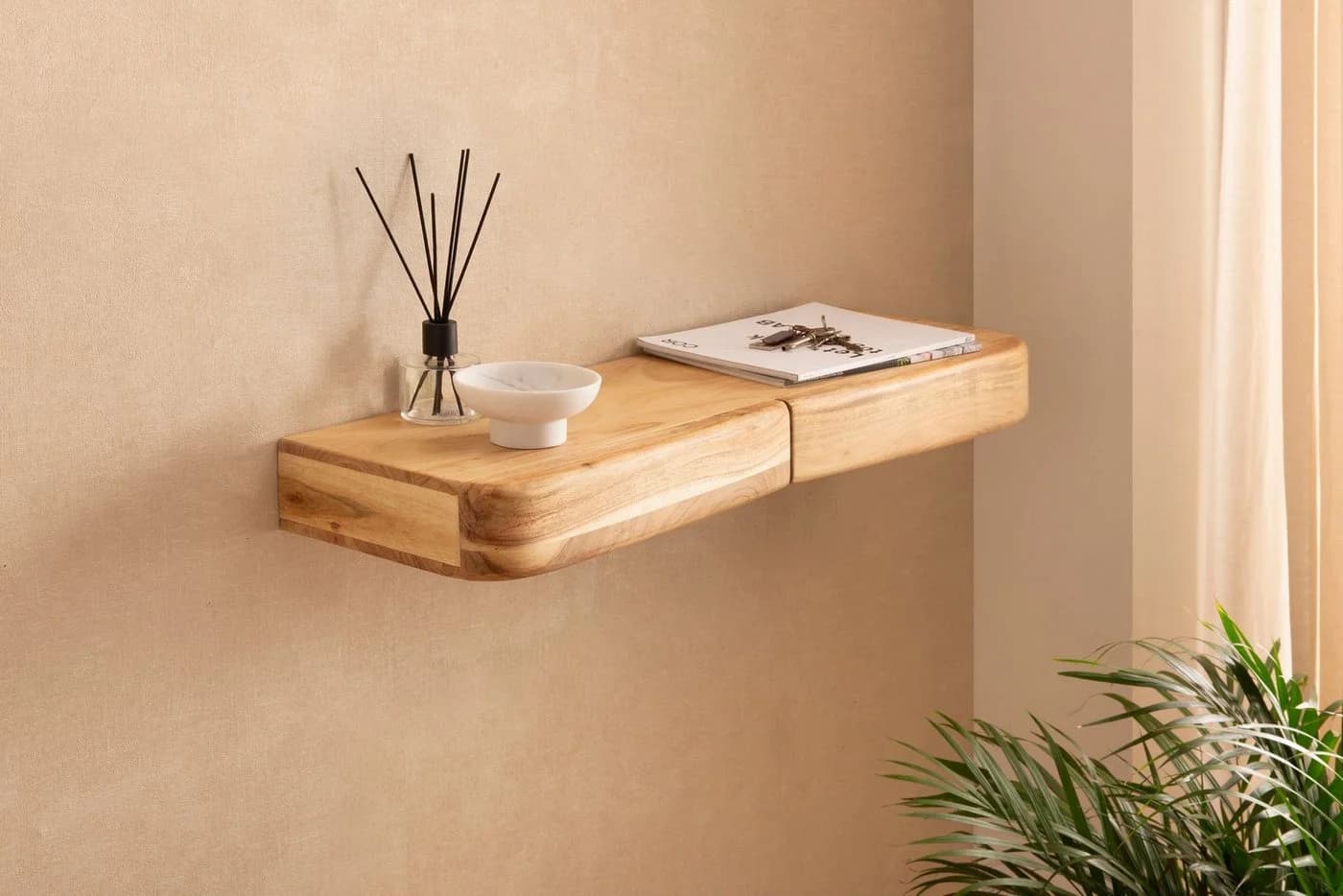 FINEBUY Wandregal FB74739 Akazie Massivholz 80cm Regal Wandboard Schubladen