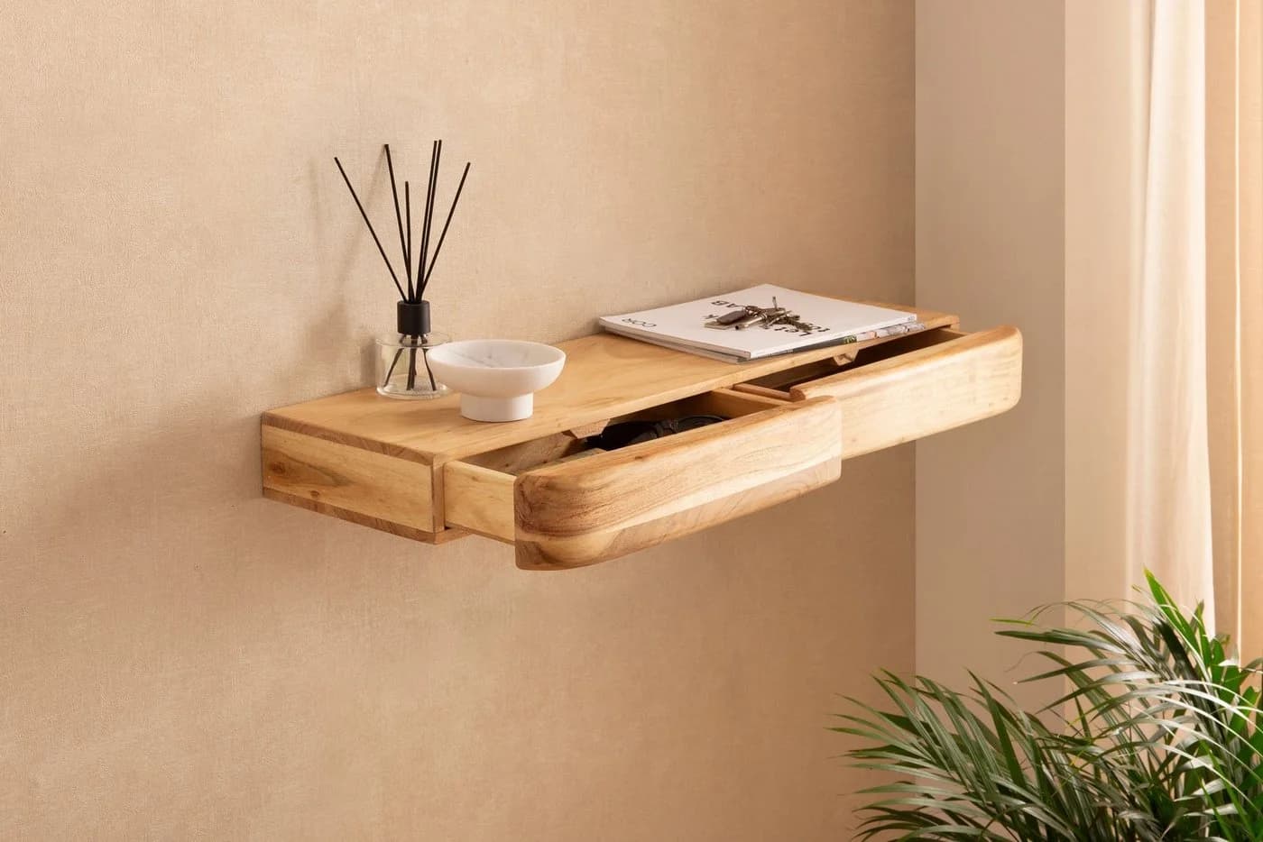 FINEBUY Wandregal FB74739 Akazie Massivholz 80cm Regal Wandboard Schubladen - Bild 4