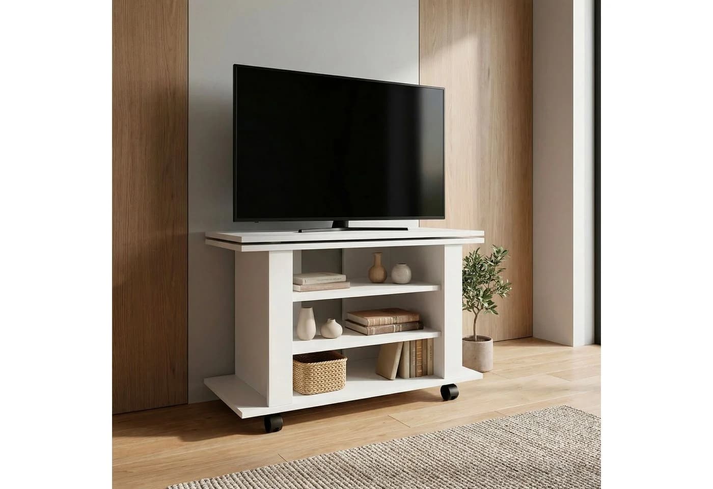FINEBUY Lowboard FB113939 TV Schrank Weiß 78cm TV Bank Rollen & drehbare Oberplatte