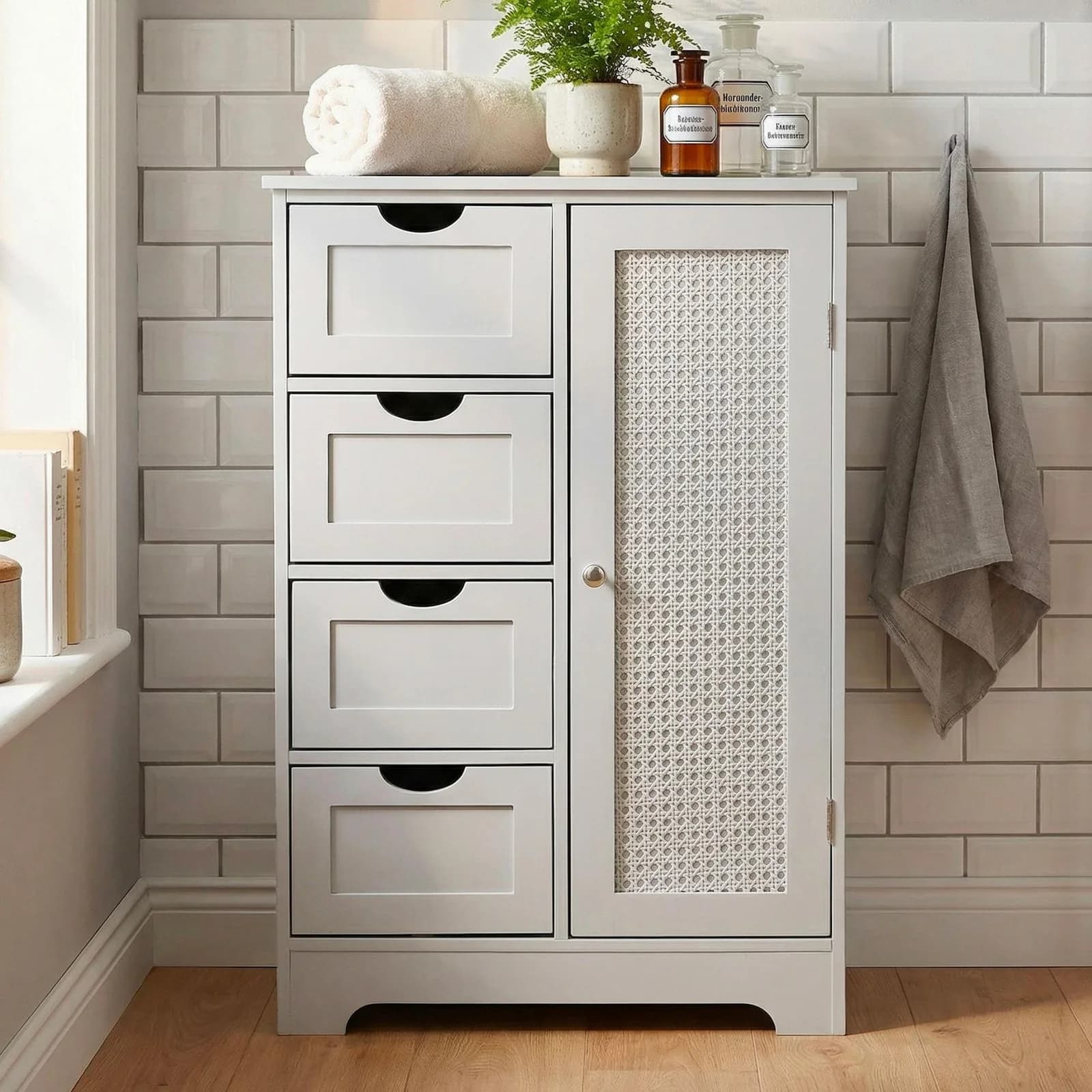FineBuy Badschrank Weiß 80cm Wiener Geflecht