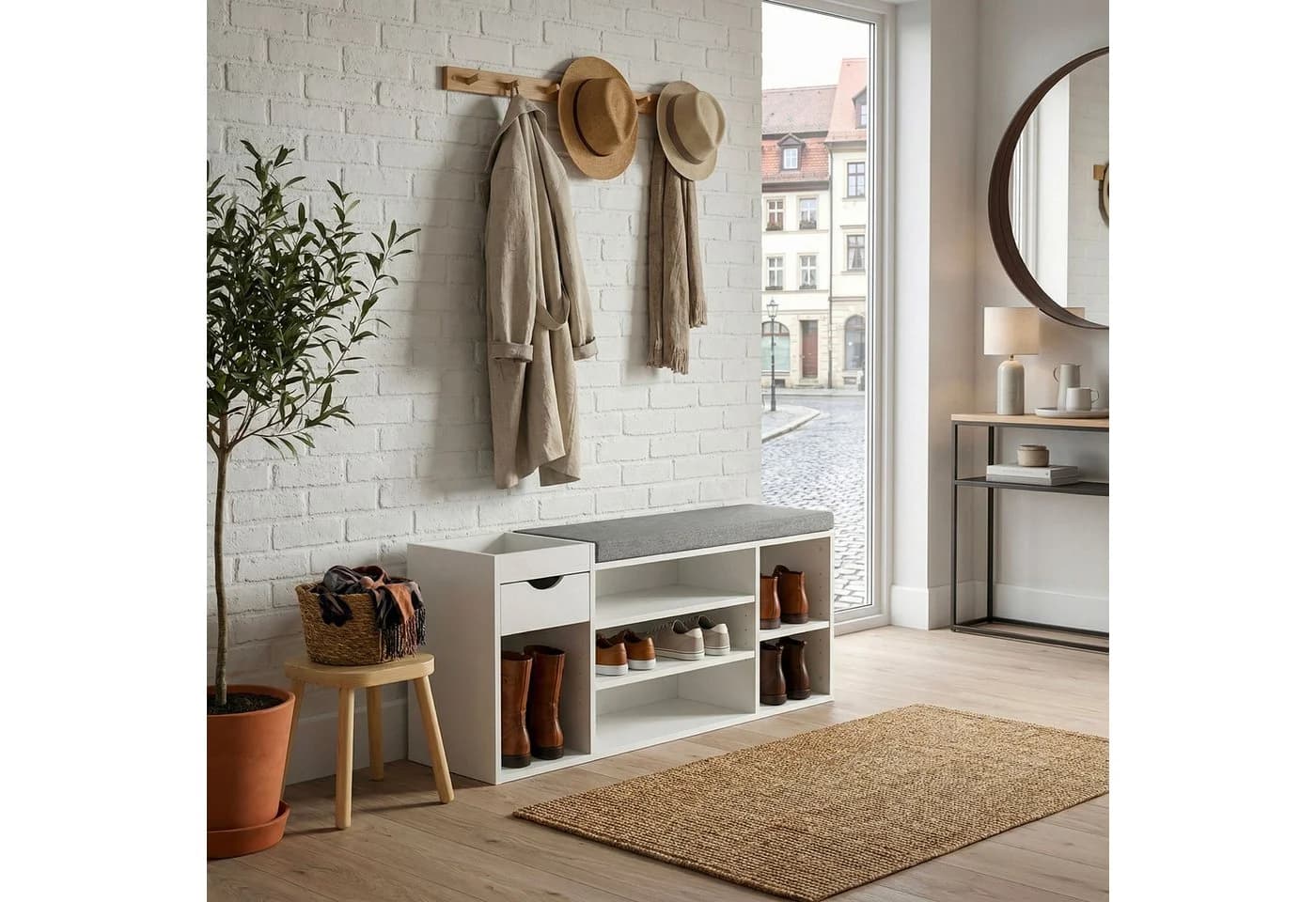 FINEBUY Schuhbank FB78602 Garderobenbank Weiß 100cm Flurbank Sitzbank Schuhregal Flur