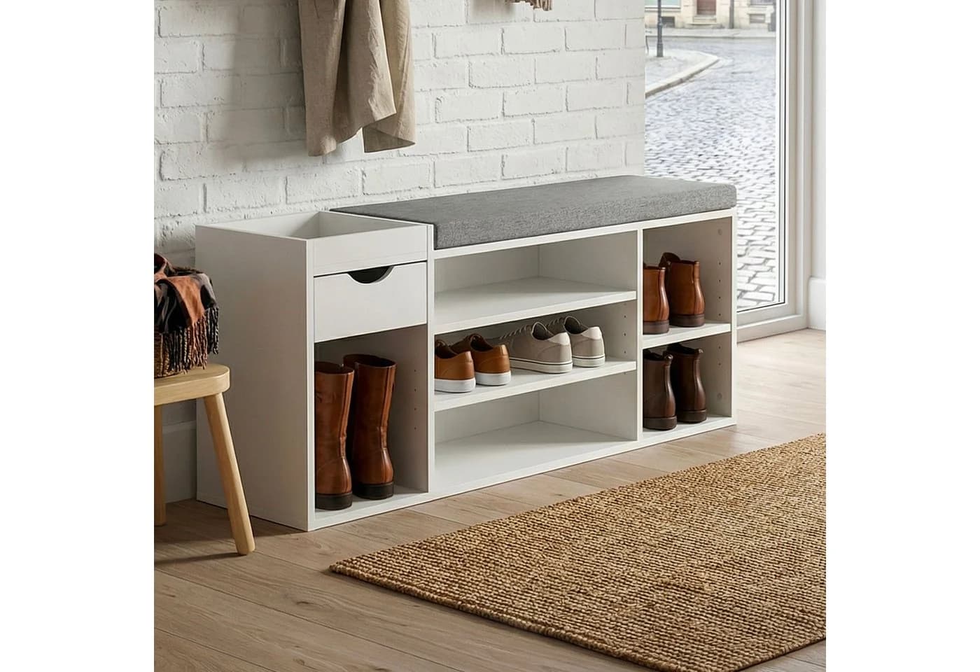 FINEBUY Schuhbank FB78602 Garderobenbank Weiß 100cm Flurbank Sitzbank Schuhregal Flur - Bild 2