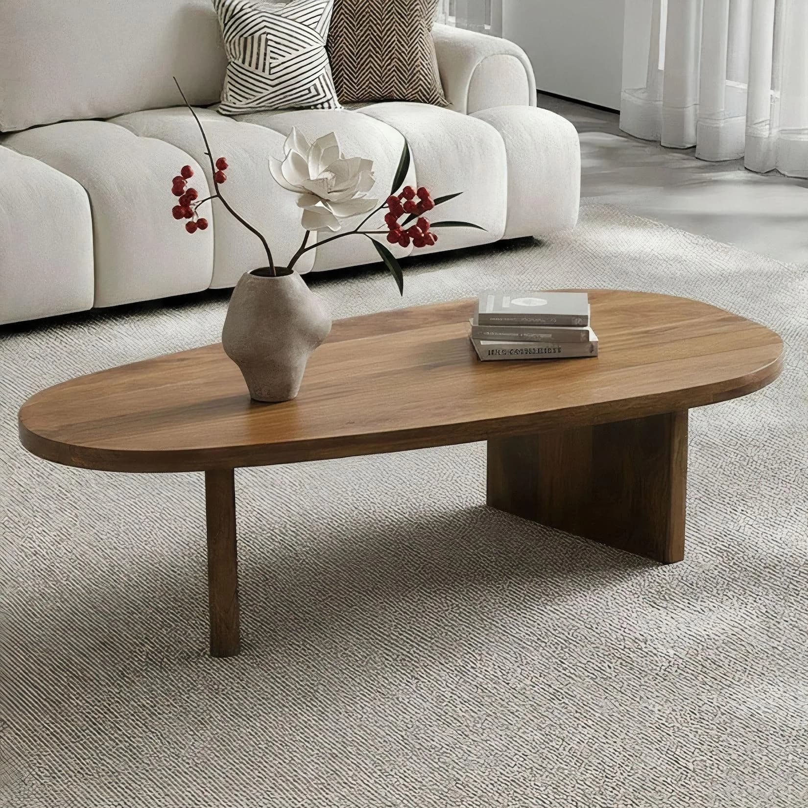 FINEBUY Couchtisch oval 120cm Mango Massivholz Braun Modern
