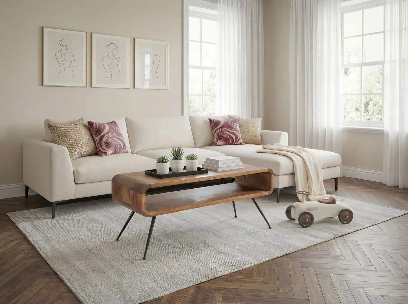 FINEBUY Couchtisch Mangoholz Metall Retro Braun/Schwarz