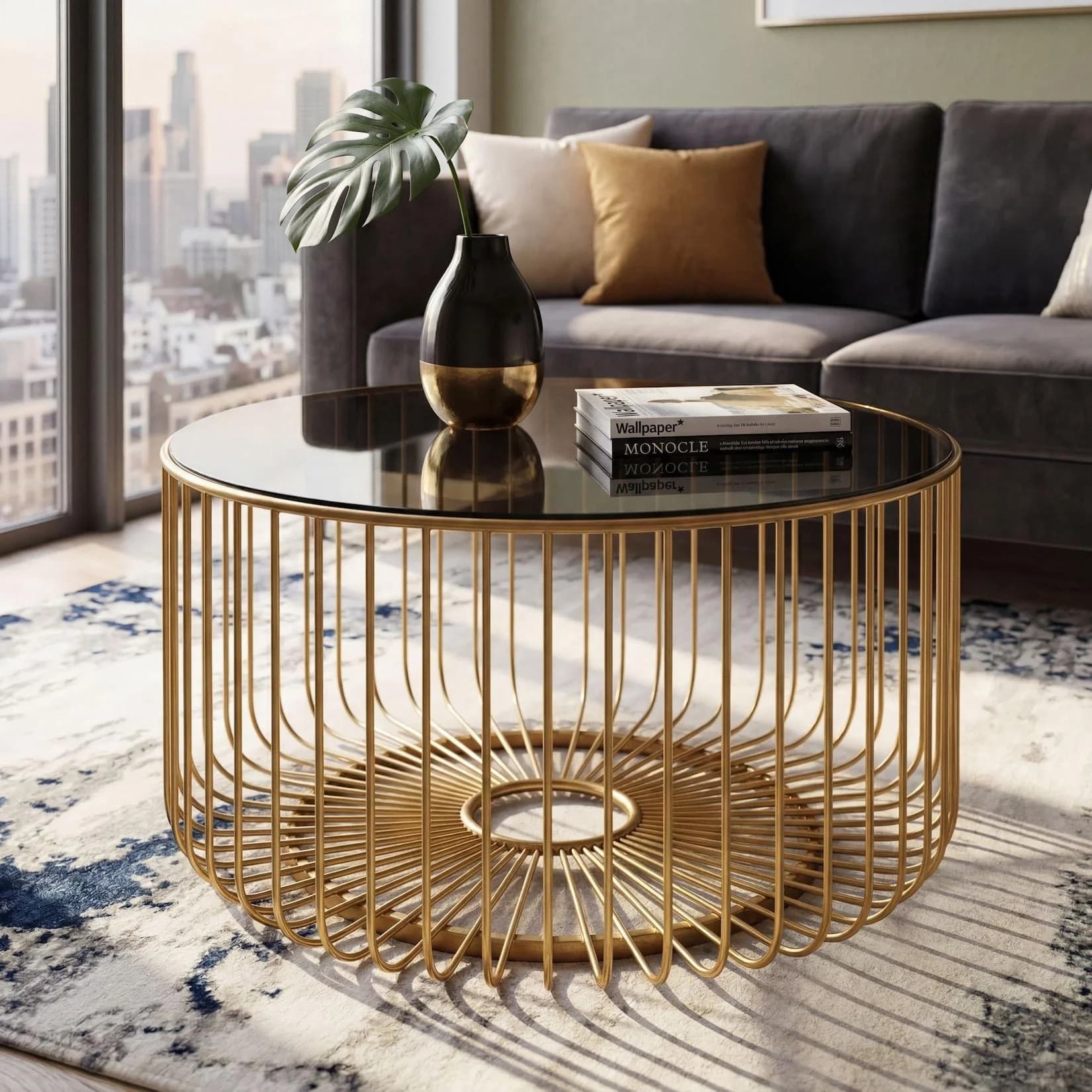 FineBuy Couchtisch Rund Glas Metall Gold 60cm