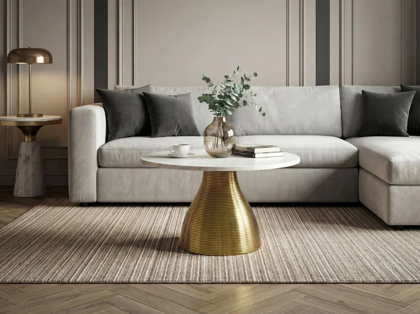 FINEBUY Couchtisch FB77369 Marmorplatte weiß goldenes Aluminium