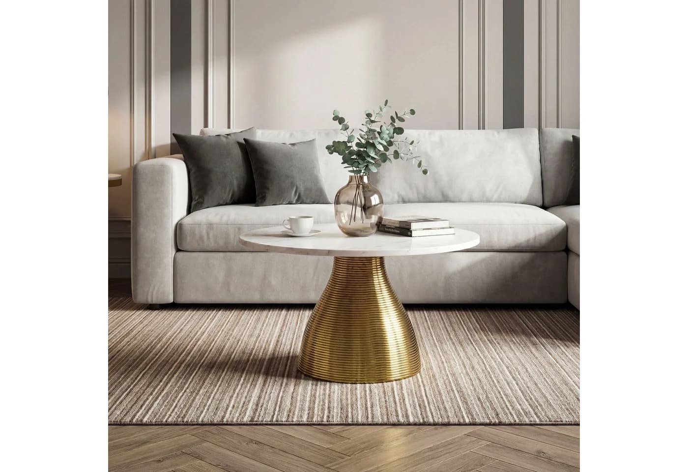 FINEBUY Couchtisch FB77369 Marmorplatte weiß goldenes Aluminium - Bild 2
