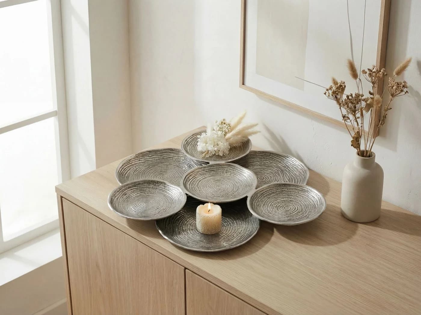 FINEBUY Dekoschale Silber Aluminium 44cm Rund Extravagant