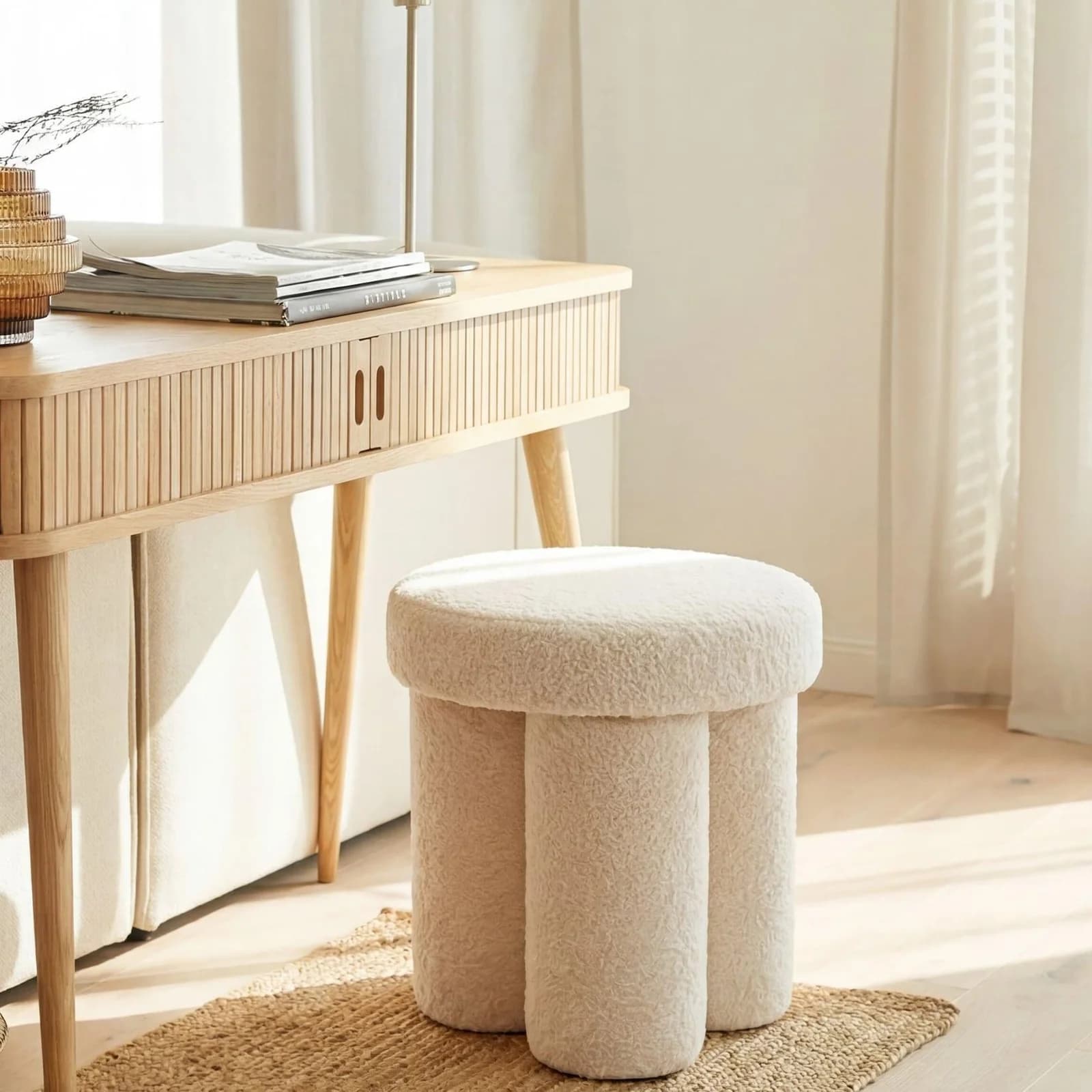 FineBuy Sitzhocker Teddy Stoff 40cm Creme Rund