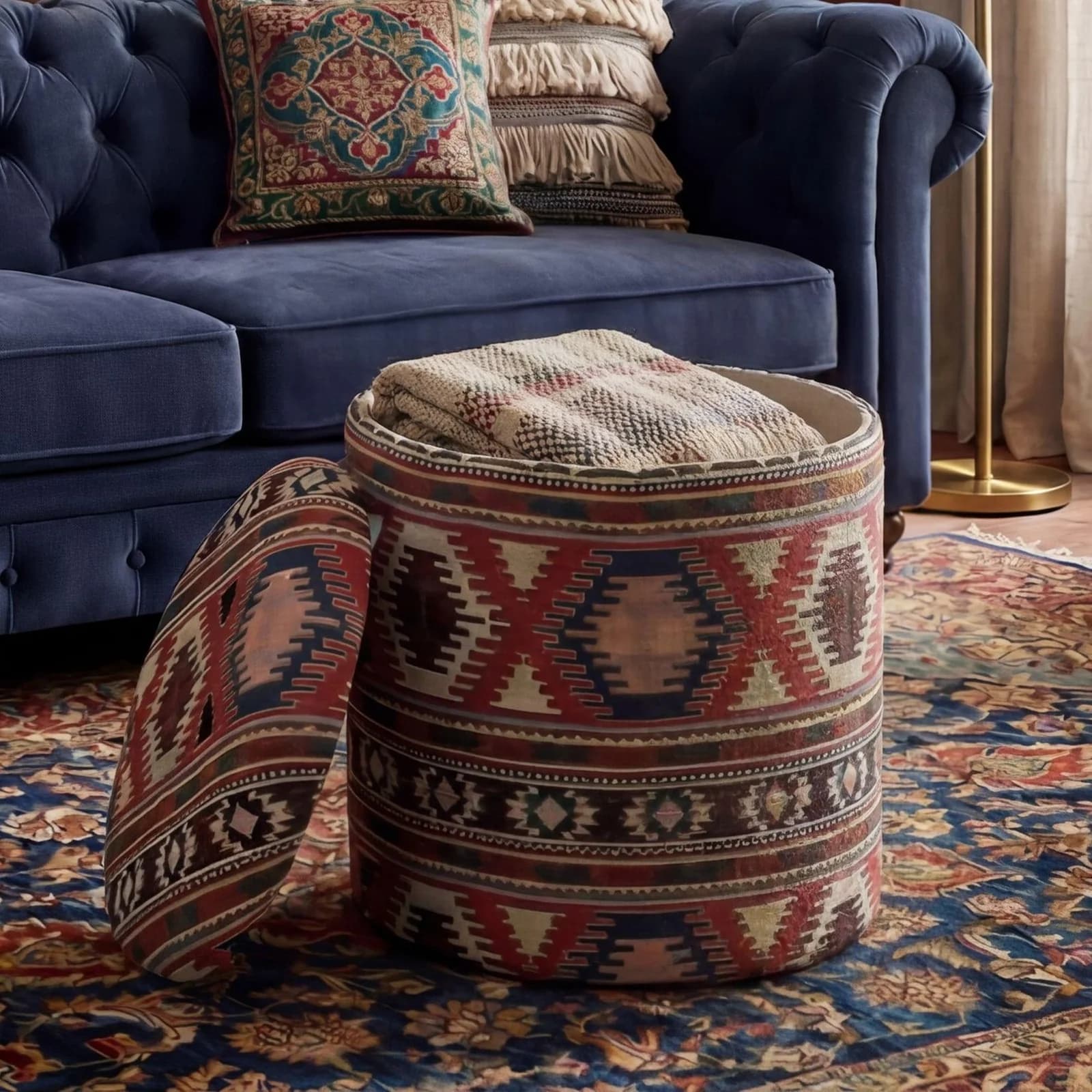 FineBuy Sitzhocker mit Stauraum Bunt Ethno-Muster Stoffhocker Rund
