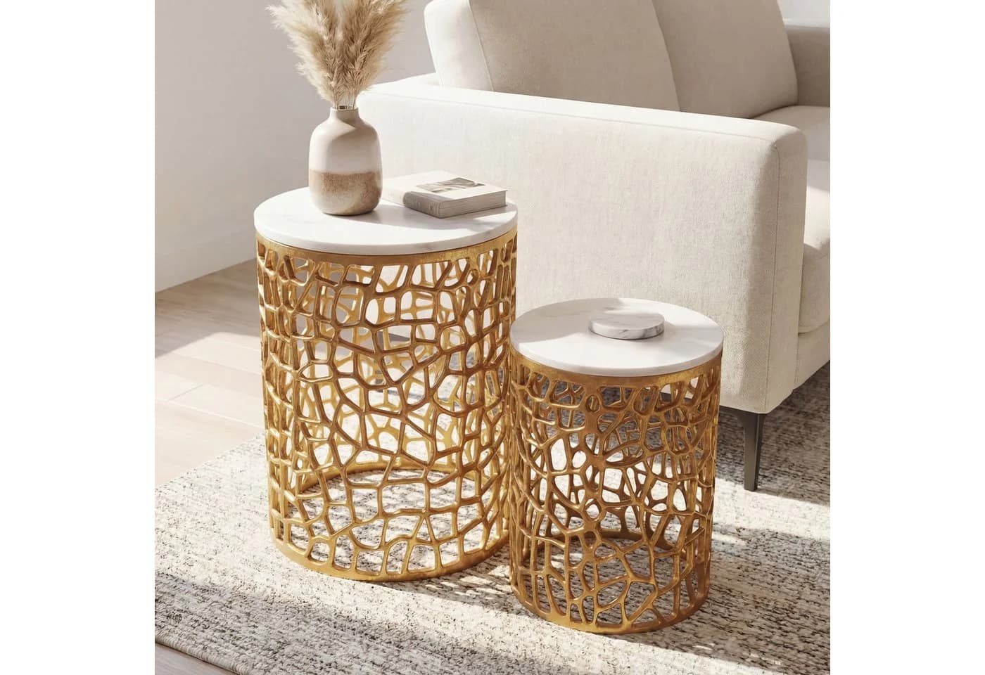 FINEBUY Satztisch 2er Set Couchtisch Gold Marmor Modern - Bild 2