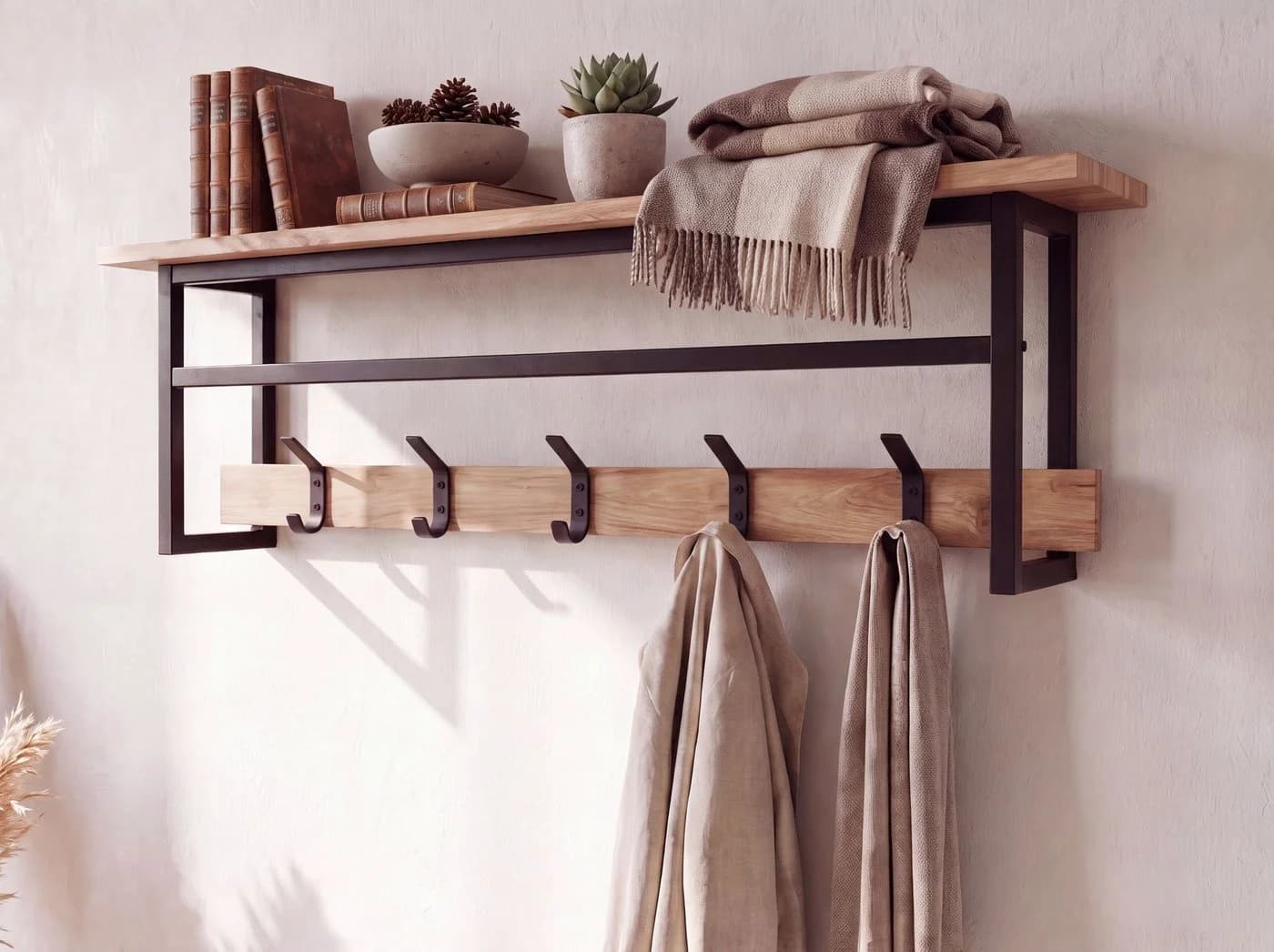 FINEBUY Wandgarderobe 100cm Massivholz Metall mit 5 Haken - Bild 5