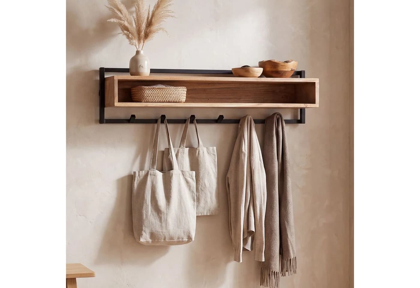 FINEBUY Wandgarderobe 90cm mit 6 Haken & Ablage Massivholz Metall - Bild 3
