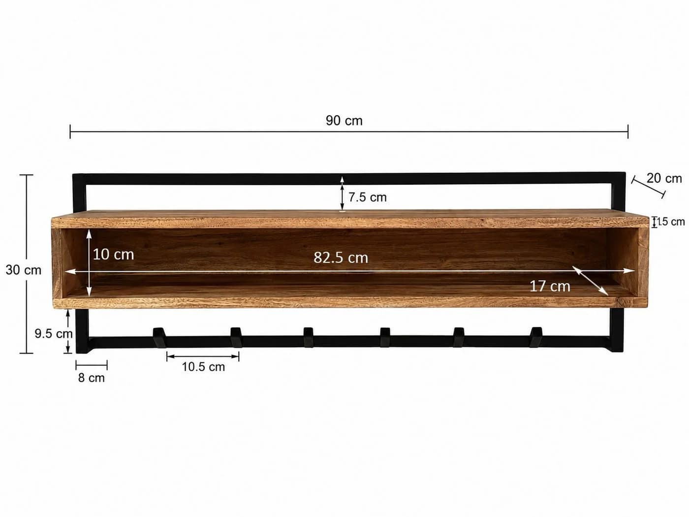 FINEBUY Wandgarderobe 90cm mit 6 Haken & Ablage Massivholz Metall - Bild 4