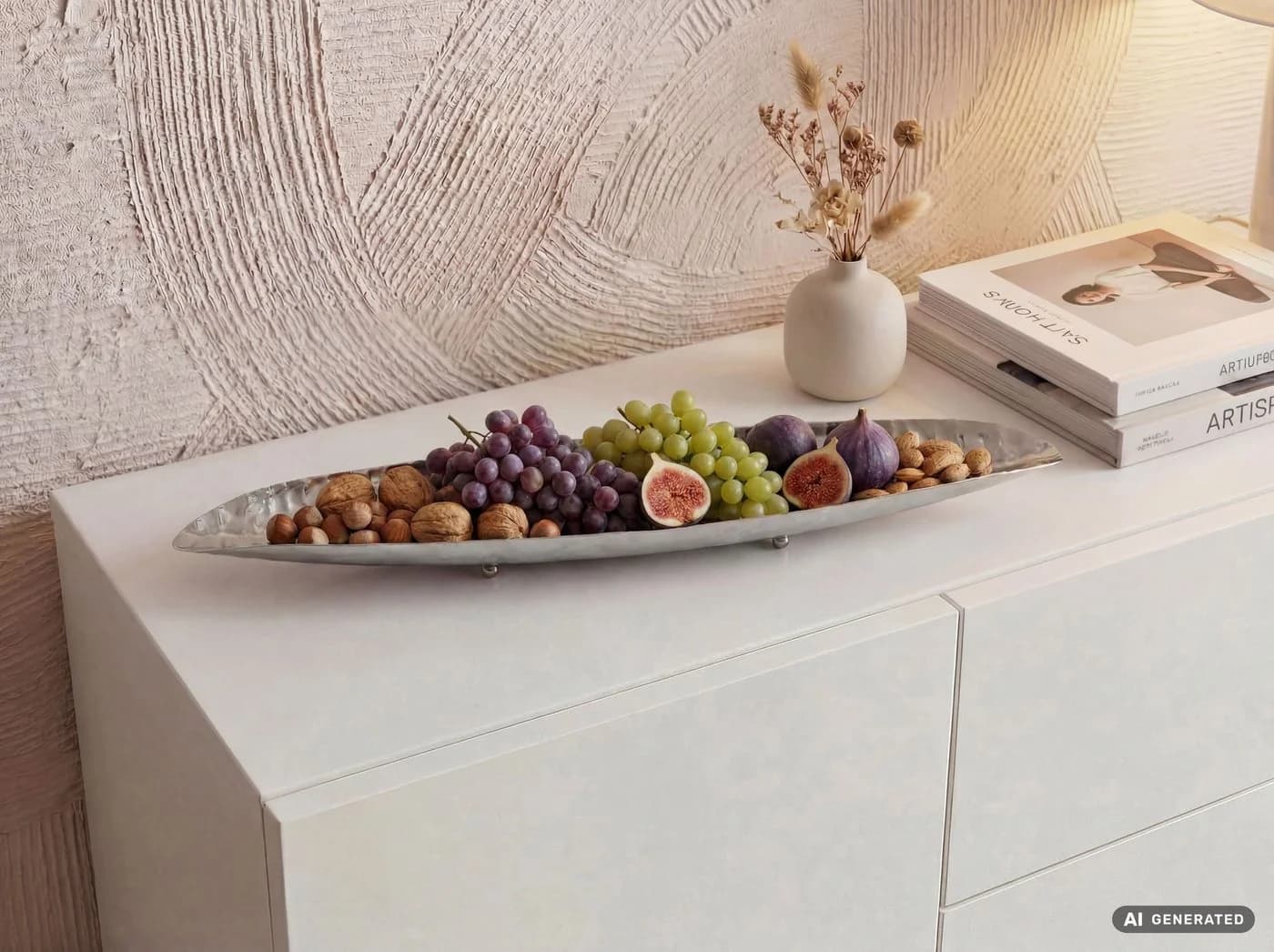 FINEBUY Obstschale Aluminium Silber 65,5cm Bootform