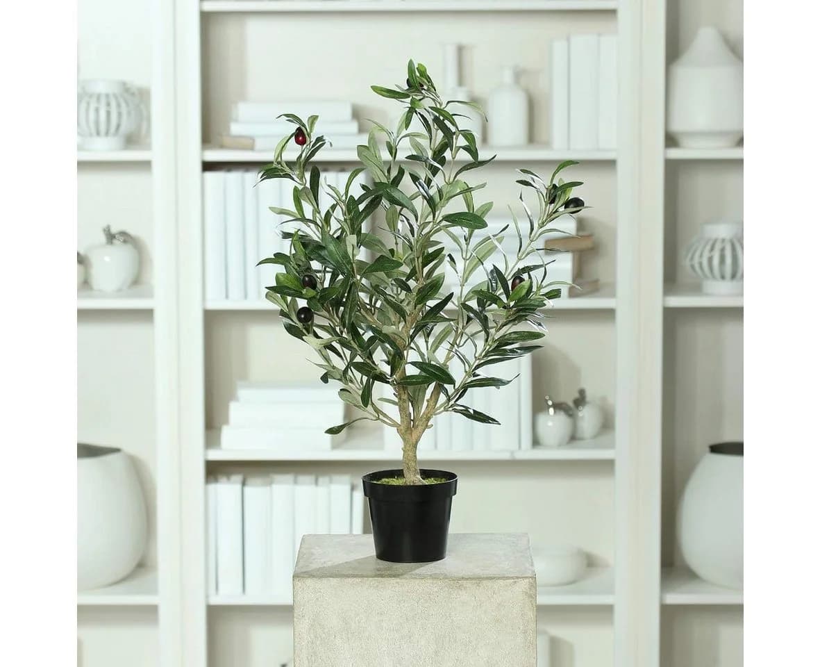 Künstlicher Olivenbaum mit schwarzen Oliven im schwarzen Topf, mucPlants