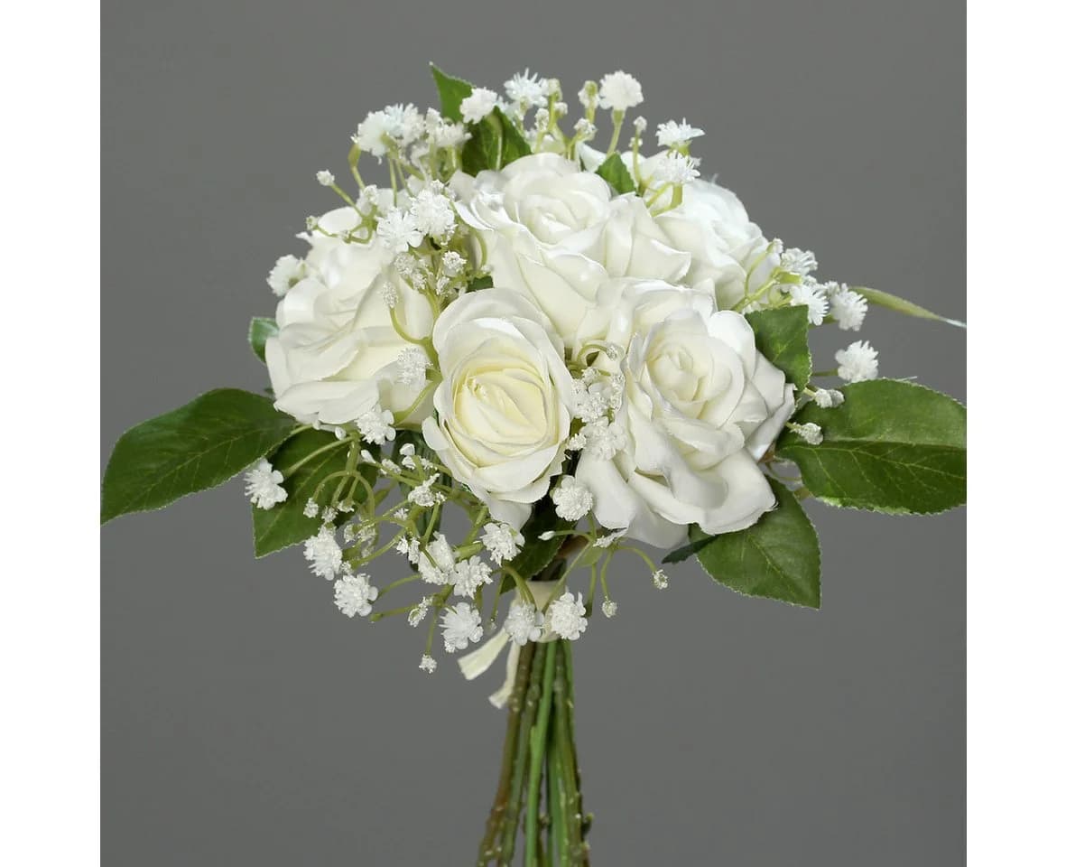 mucPlants Kunstblumenstrauß Rosen-Schleierkraut-Bouquet Weiß