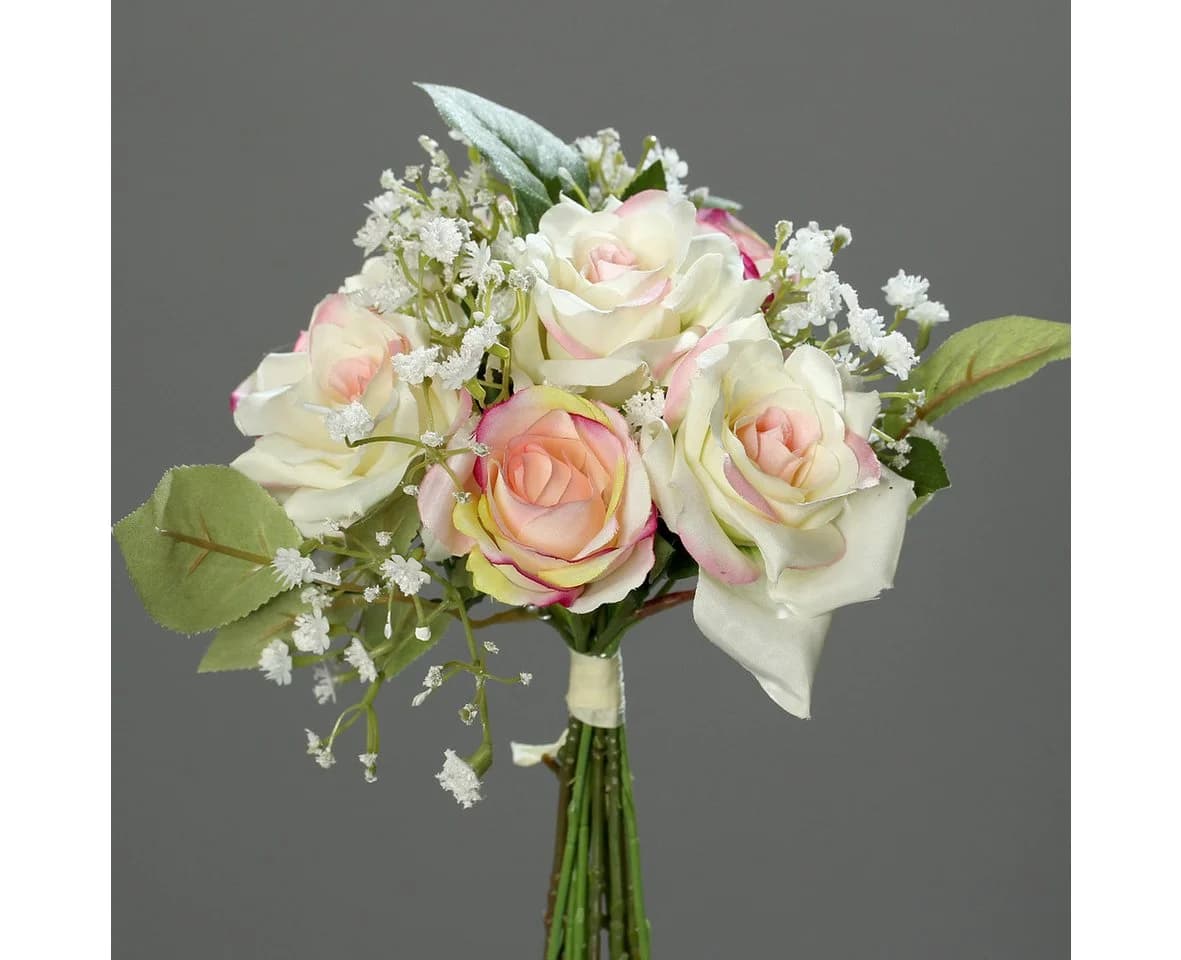 mucPlants Kunstblumenstrauß Rosen-Schleierkraut Bouquet Weiß