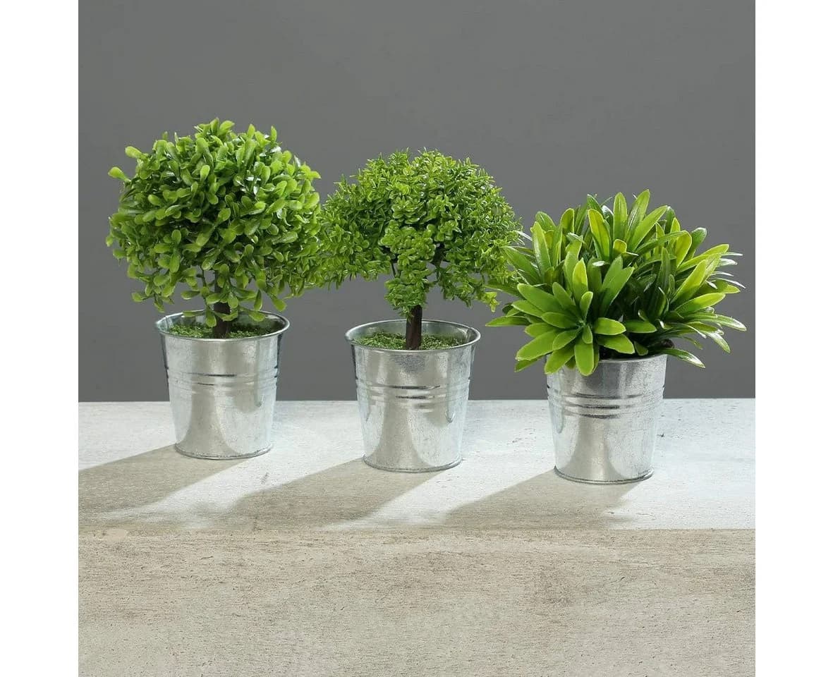 mucPlants 3er Kunstpflanzen-Set im Zinktopf Grün/Silber