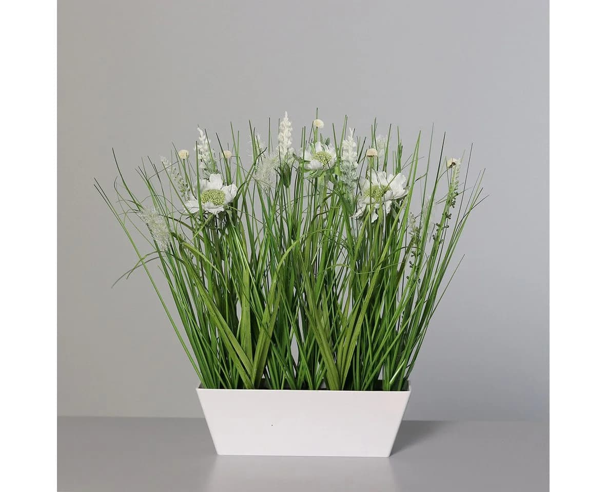mucPlants Kunstpflanze Wiesenblumengras in weißer Schale