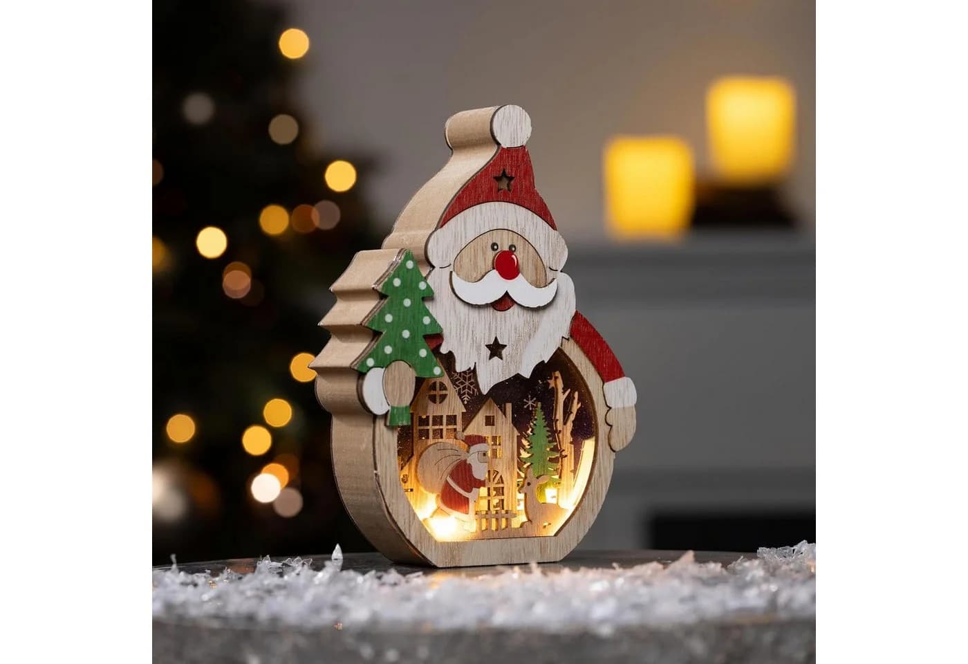 mucHome LED-Dekofigur Schneemann & Weihnachtsmann Holzdeko mit 5 warmweißen LEDs