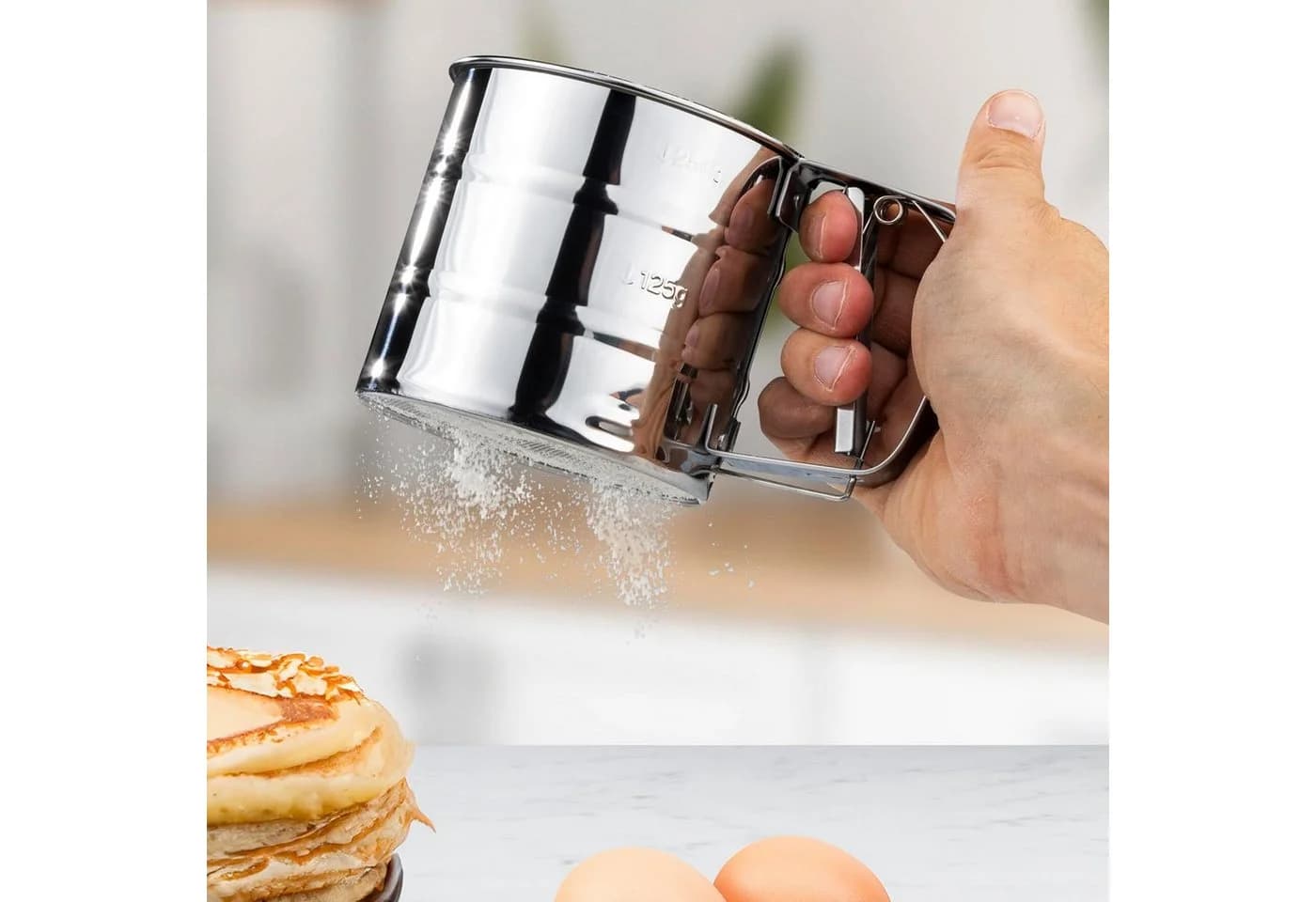 mucHome Mehlsieb Puderzuckerstreuer Edelstahl Einhand-Bedienung Silber - Bild 2