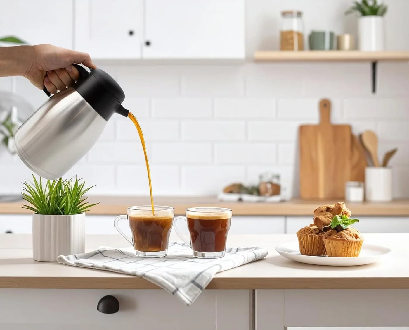 mucHome Thermoskanne 1,5L Edelstahl Doppelwandig Einhandbedienung