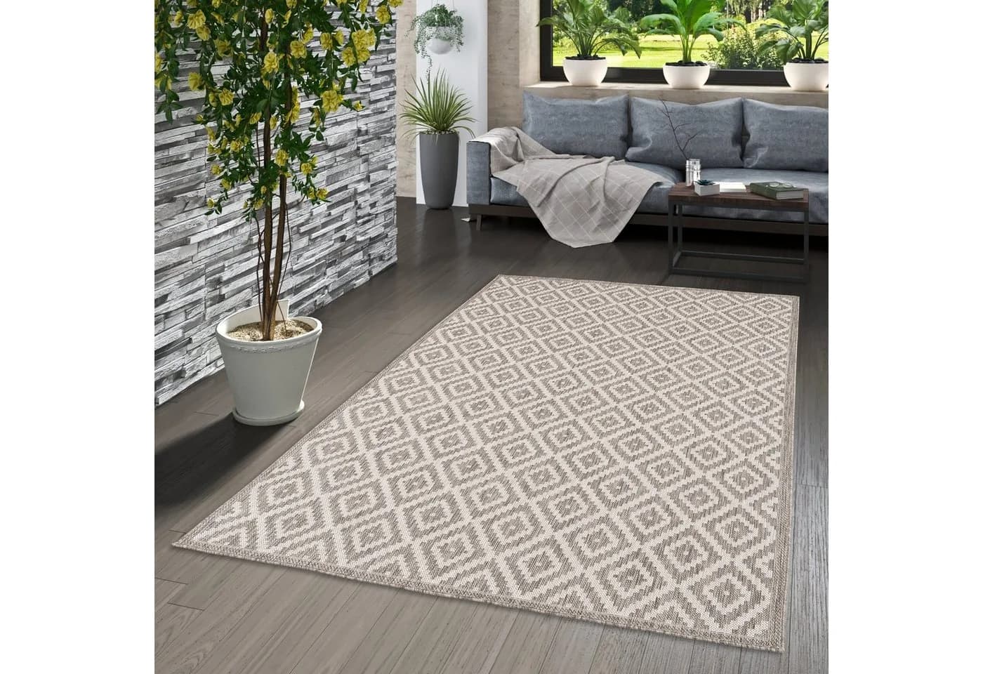 Pergamon Outdoorteppich Valencia Grau Fliesenoptik Kunstfaser