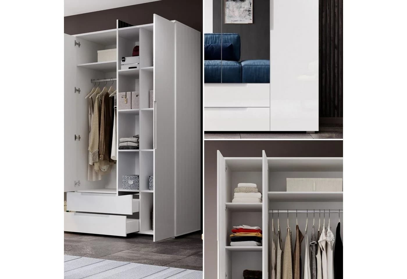 möbelando Kleiderschrank Suzette Weiß-Hochglanz mit Spiegeltüren - Bild 3
