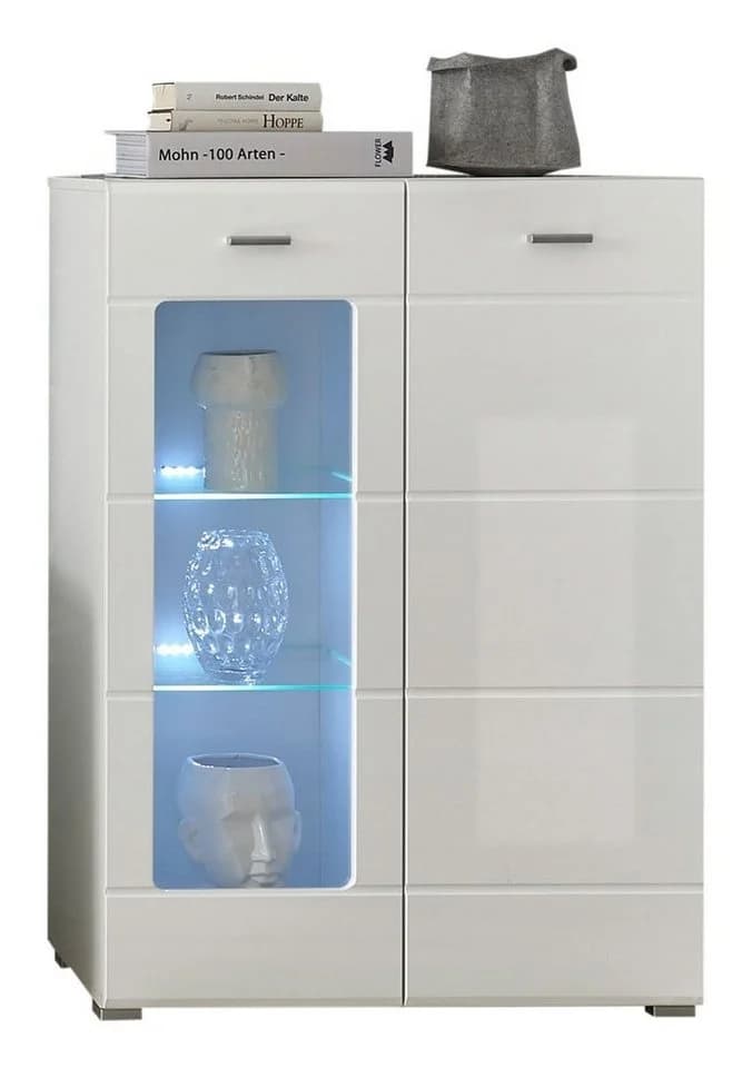 PREISBRECHER Highboard Ella Weiß Hochglanz mit Glasbodenbeleuchtung