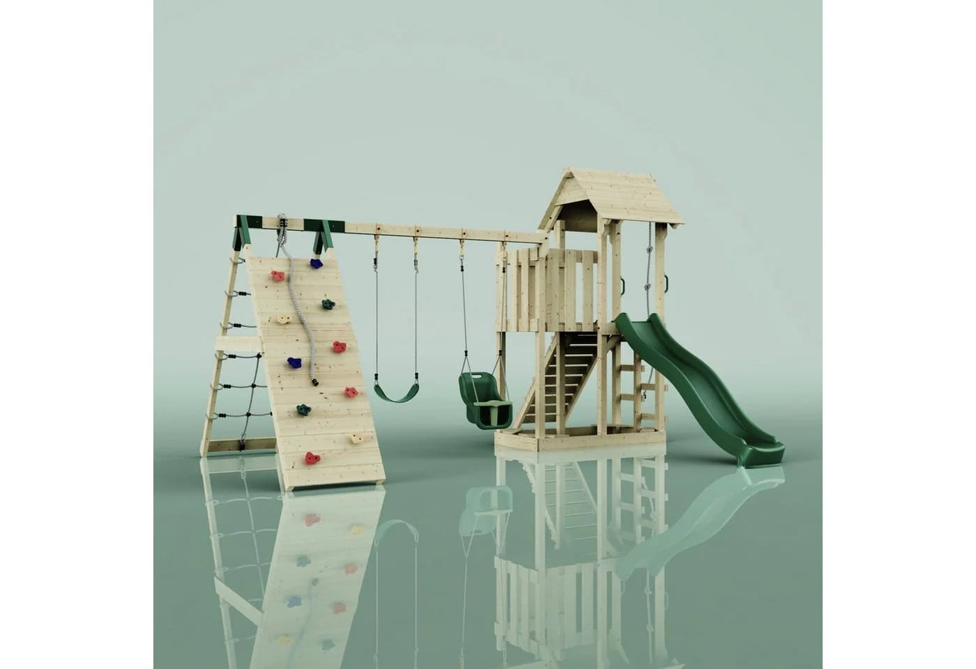 OutdoorToys Spielturm Roskilde Dunkelgrün mit Rutsche & Kletterwand