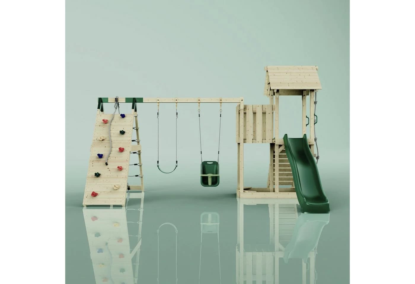 OutdoorToys Spielturm Roskilde Dunkelgrün mit Rutsche & Kletterwand - Bild 3