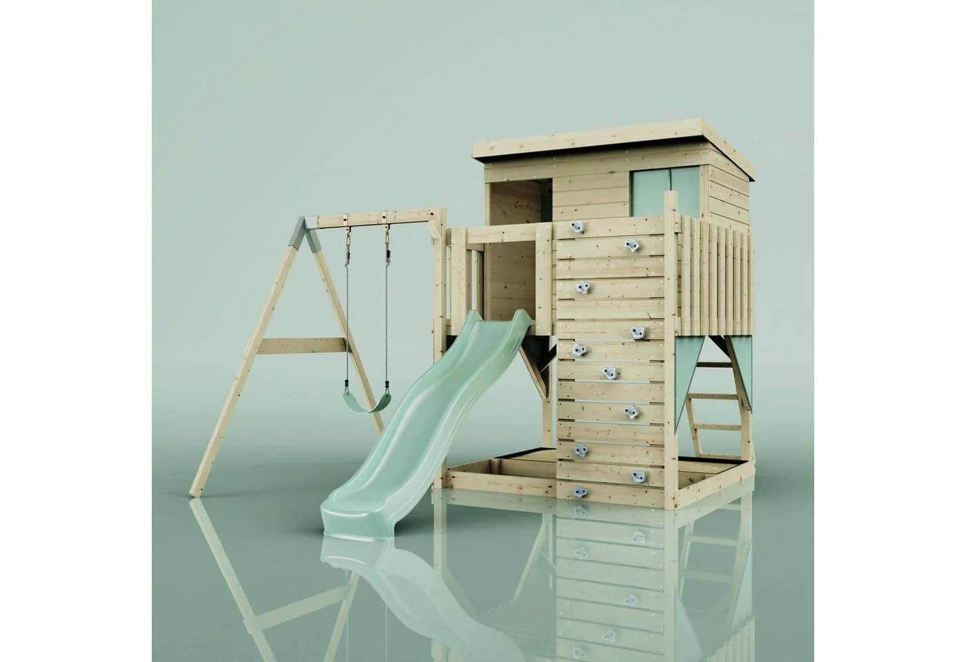 OutdoorToys Spielturm Tjorven Holz Mintgrün mit Schaukel & Rutsche