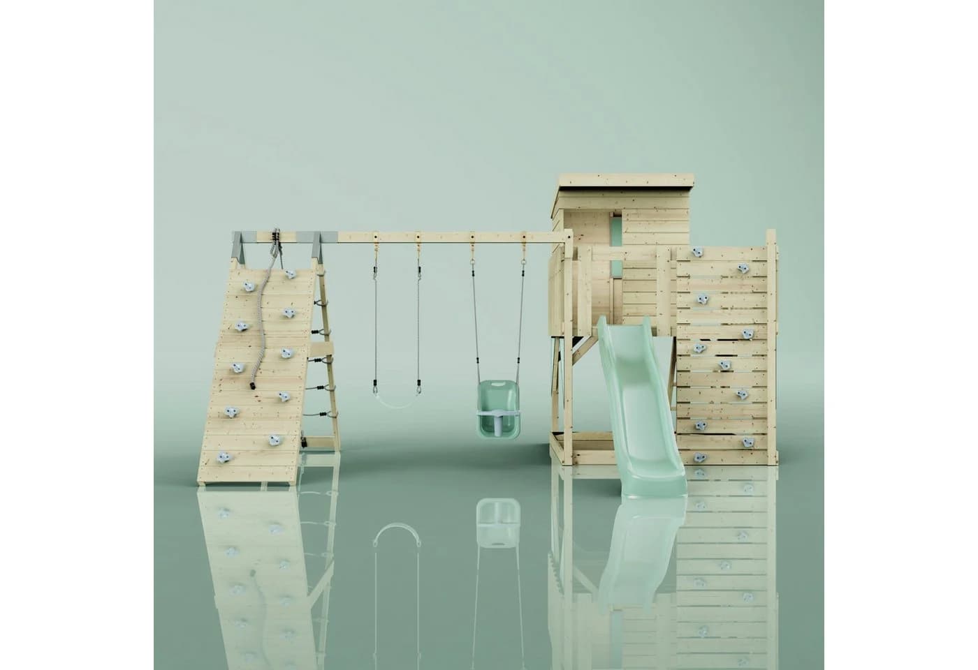 OutdoorToys Spielturm Frida Mintgrün mit Babyschaukel, Rutsche und Kletterwand - Bild 3