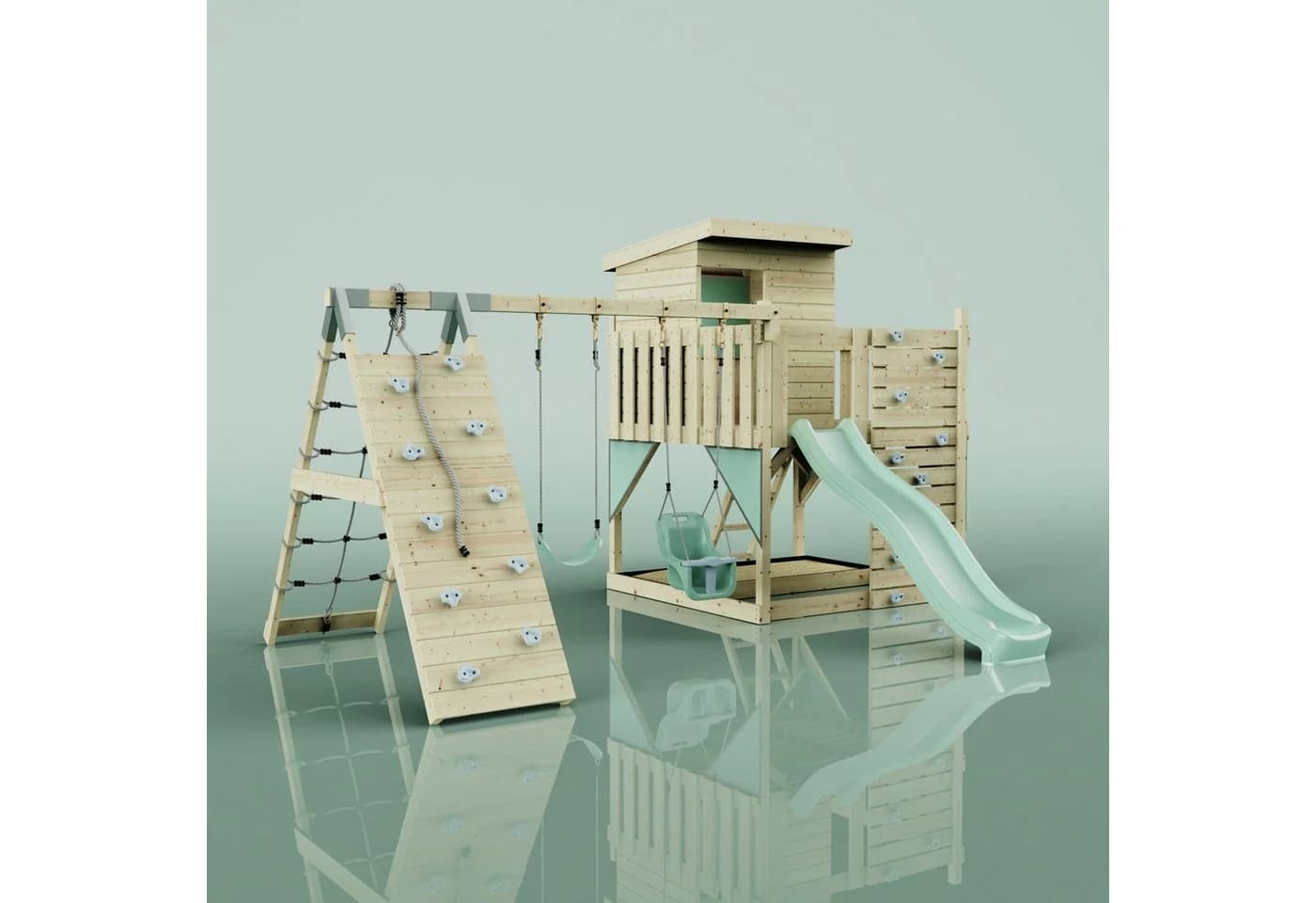 OutdoorToys Spielturm Frida Mintgrün mit Babyschaukel, Rutsche und Kletterwand - Bild 5
