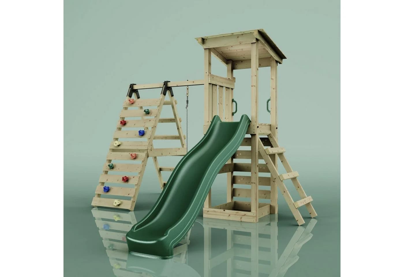 OutdoorToys Spielturm Sevilla Holz Grün mit Schaukel, Rutsche und Kletterwand
