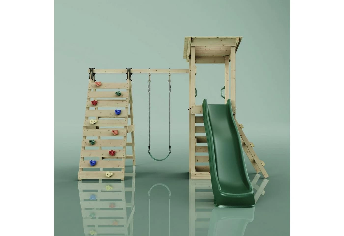 OutdoorToys Spielturm Sevilla Holz Grün mit Schaukel, Rutsche und Kletterwand - Bild 3