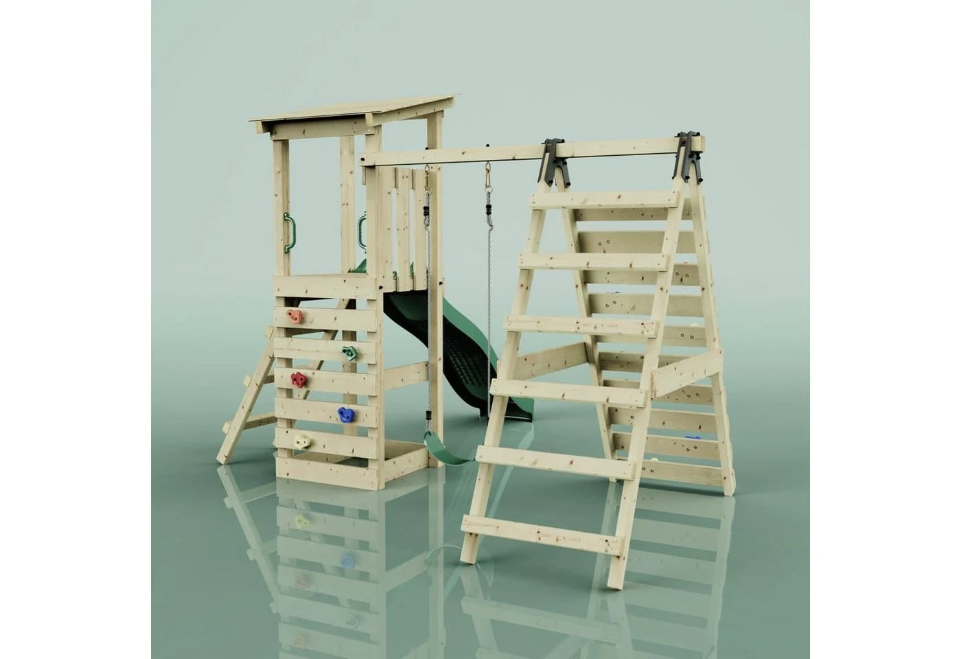 OutdoorToys Spielturm Sevilla Holz Grün mit Schaukel, Rutsche und Kletterwand - Bild 5