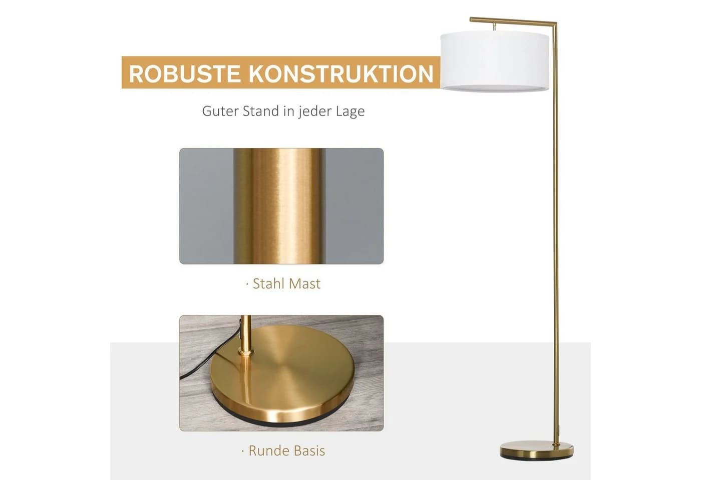 HOMCOM Stehleuchte E27 Gold Weiß mit Fußschalter - Bild 5