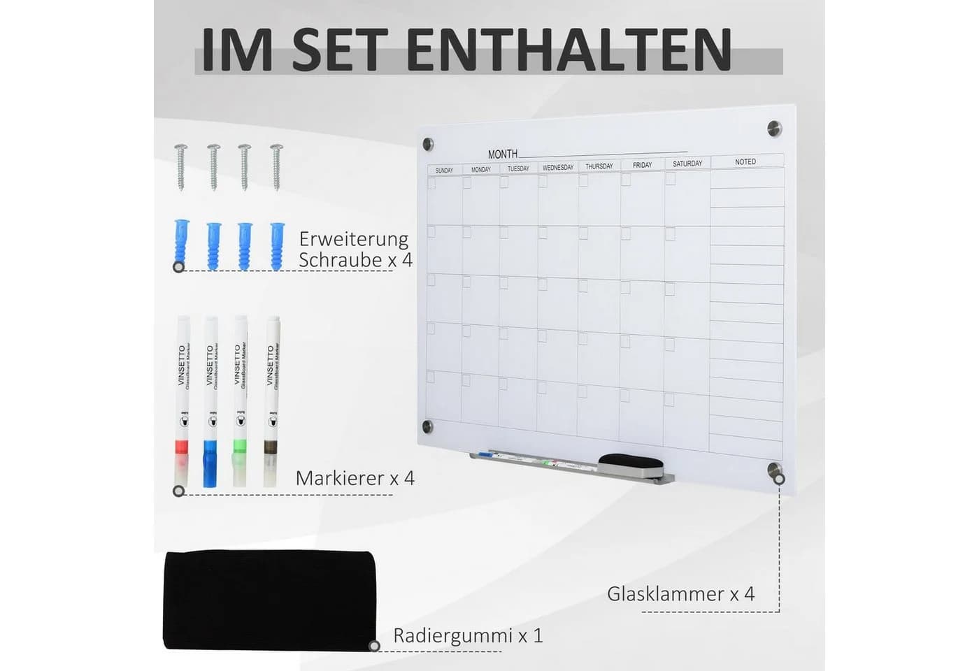 Vinsetto Memoboard Glas Weiß mit Stifthalter und Zubehör - Bild 4
