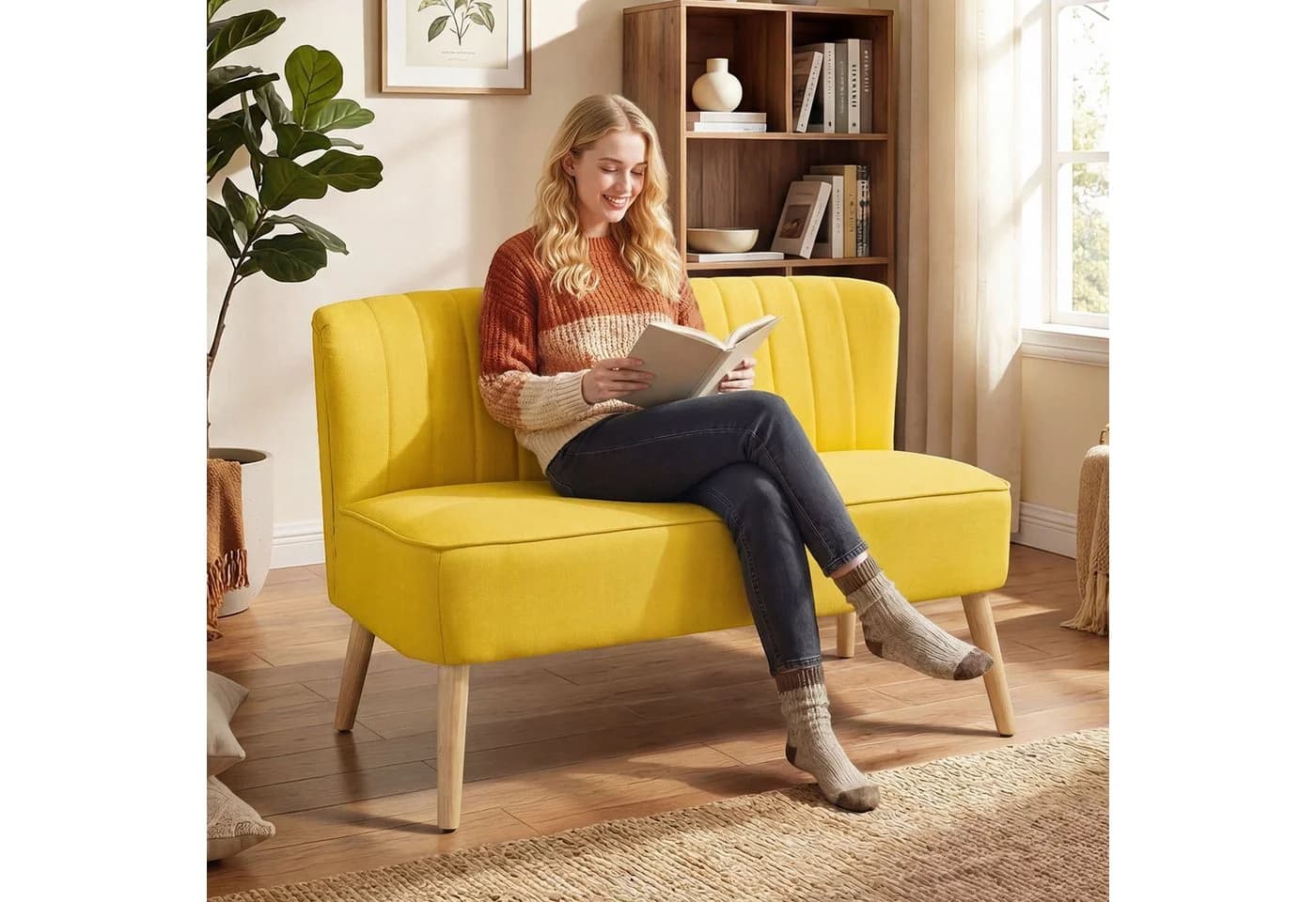 HOMCOM 2-Sitzer Loungesofa Gelb Holz - Bild 2