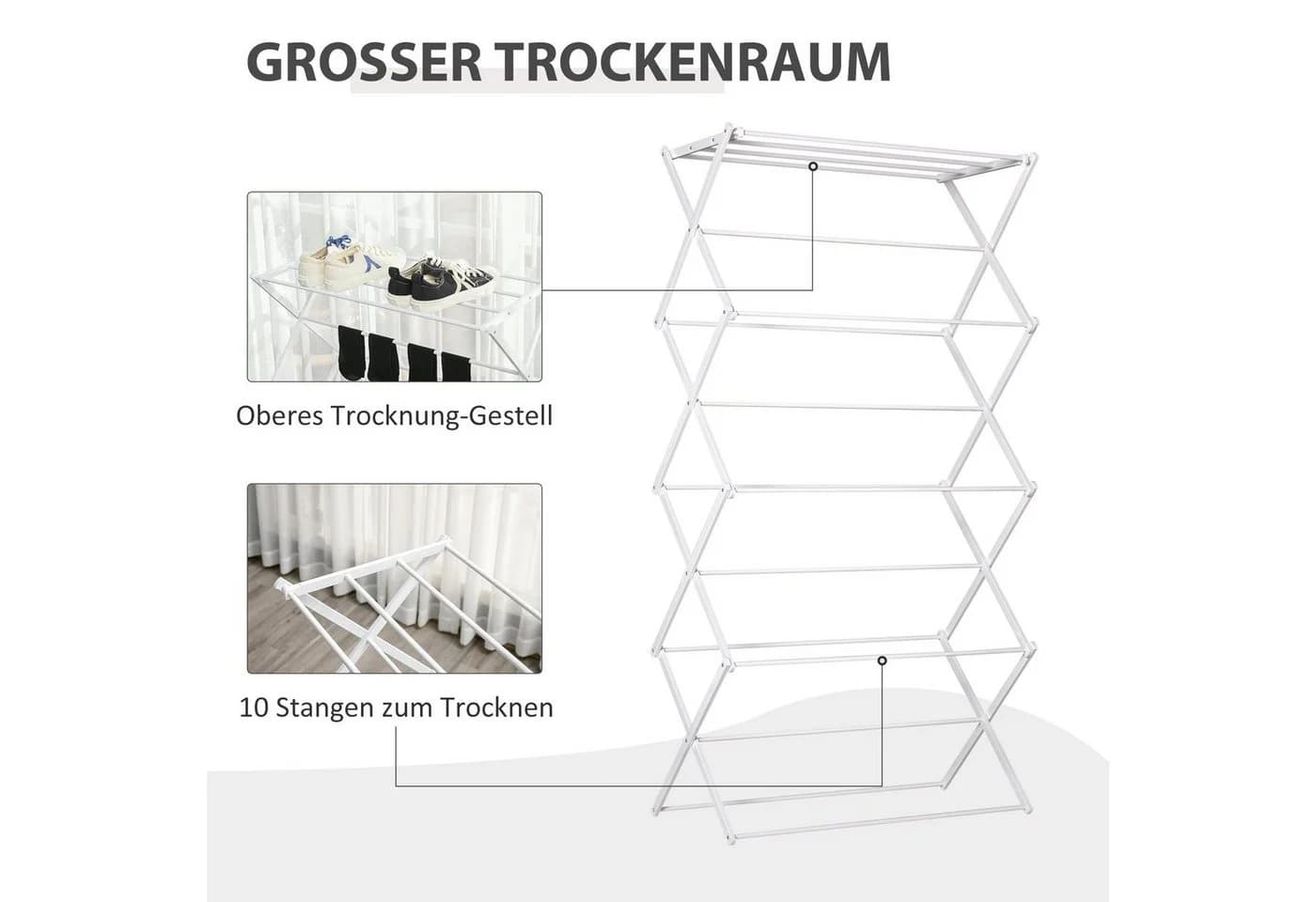HOMCOM Wäscheständer Faltbar 8-stufig Weiß Metall - Bild 4