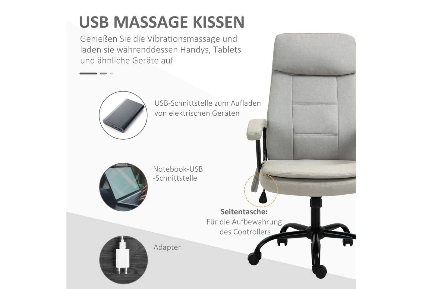 Vinsetto Schreibtischstuhl Beige mit Massagefunktion und USB-Anschluss - Bild 4