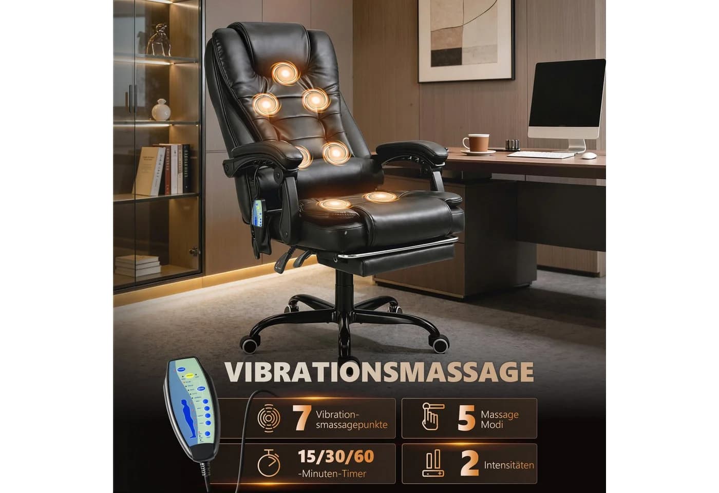 Vinsetto Massage-Bürostuhl Schwarz mit 7 Massagepunkten & Fußstütze - Bild 4