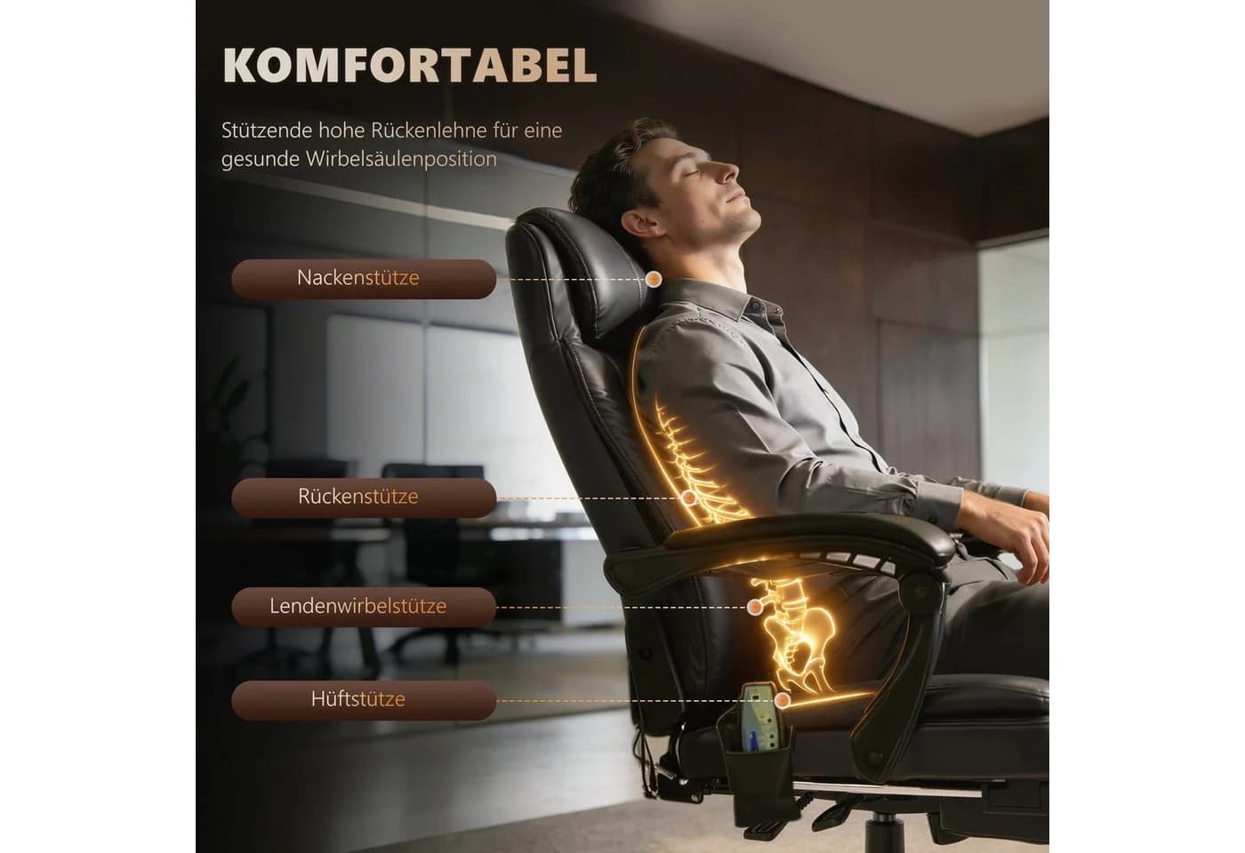 Vinsetto Massage-Bürostuhl Schwarz mit 7 Massagepunkten & Fußstütze - Bild 5