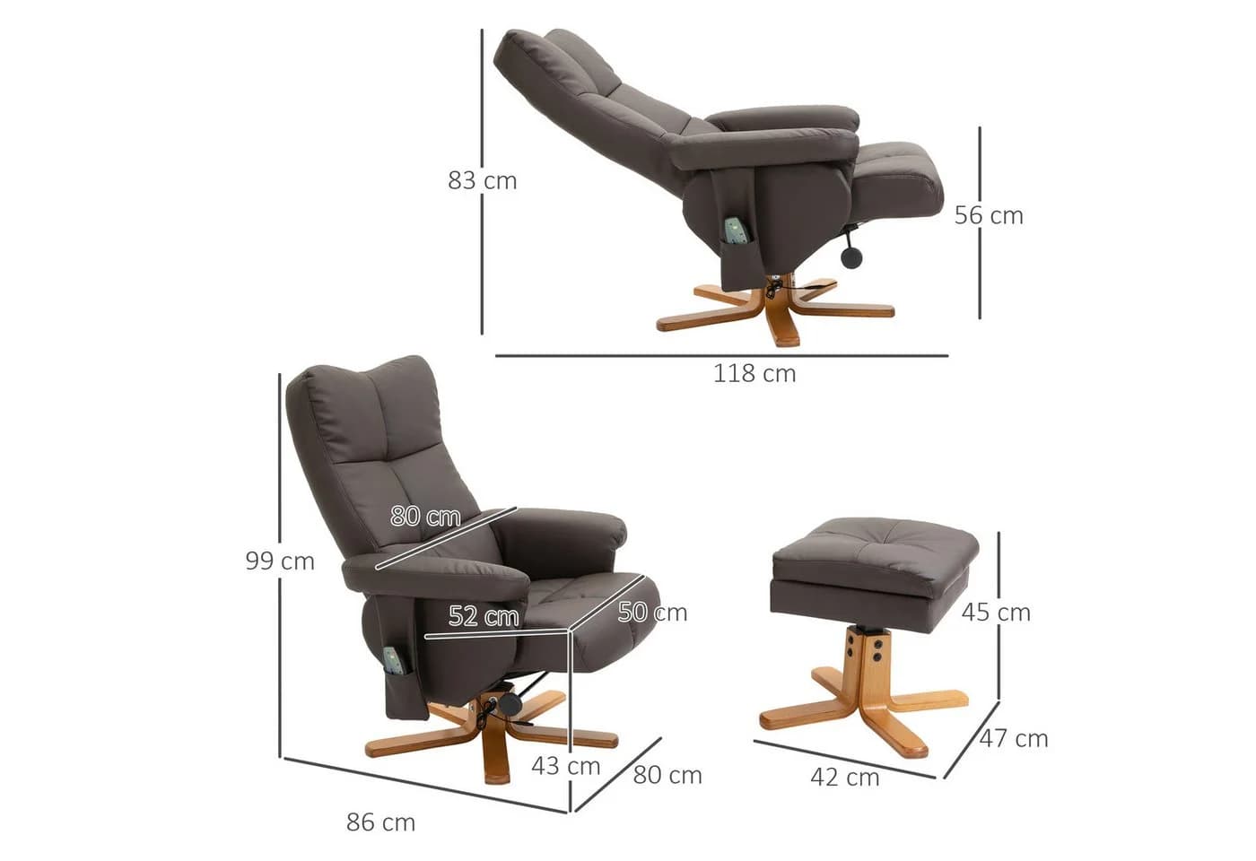 HOMCOM Massagesessel Fernsehsessel mit Fußhocker, Kunstleder, Braun - Bild 3