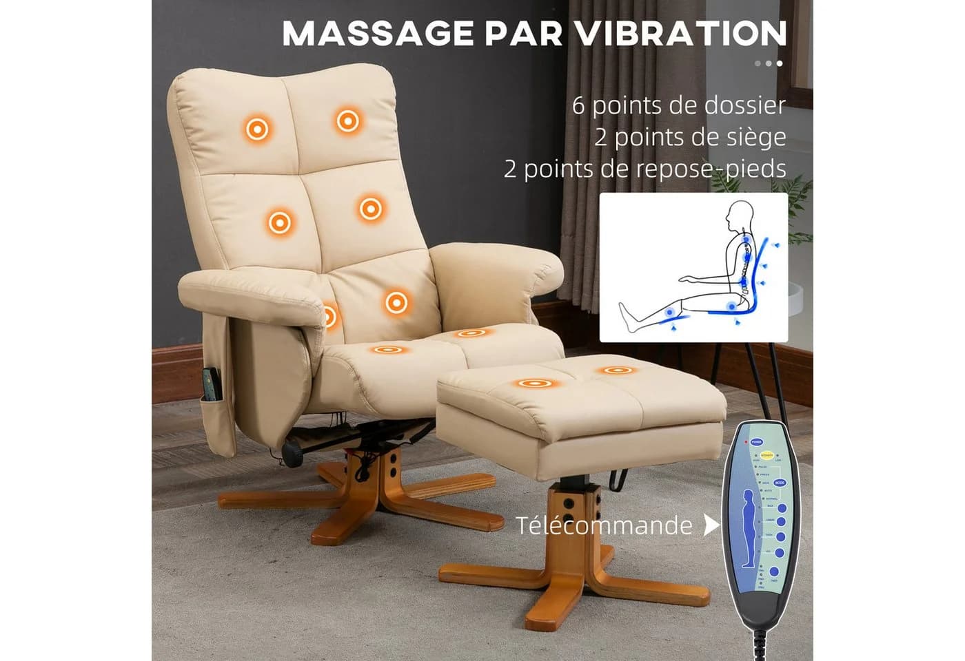 HOMCOM Massagesessel Fernsehsessel mit Fußhocker Kunstleder Cremeweiß - Bild 4